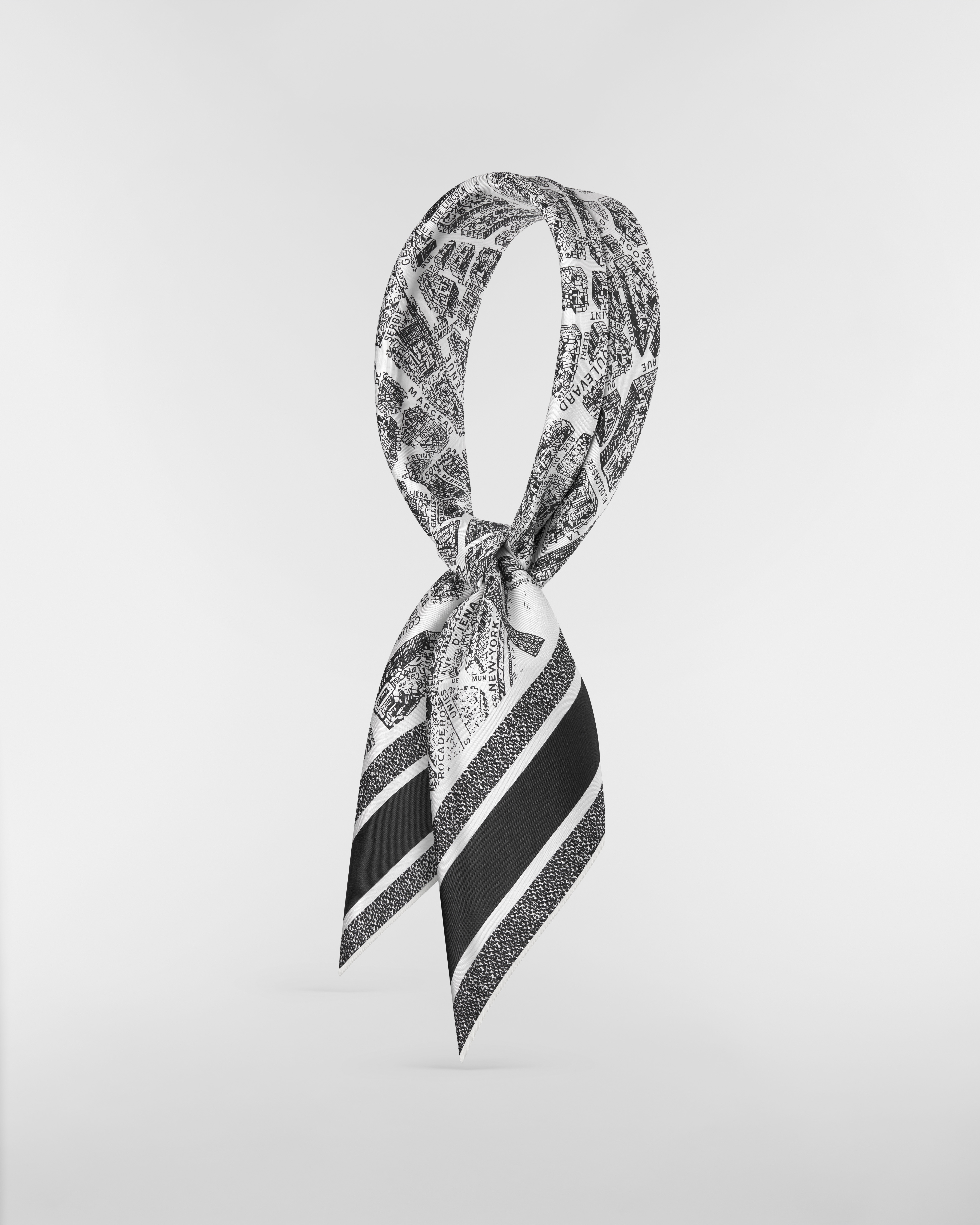 Plan de Paris 90 Square Scarf White and Black Silk Twill E03
