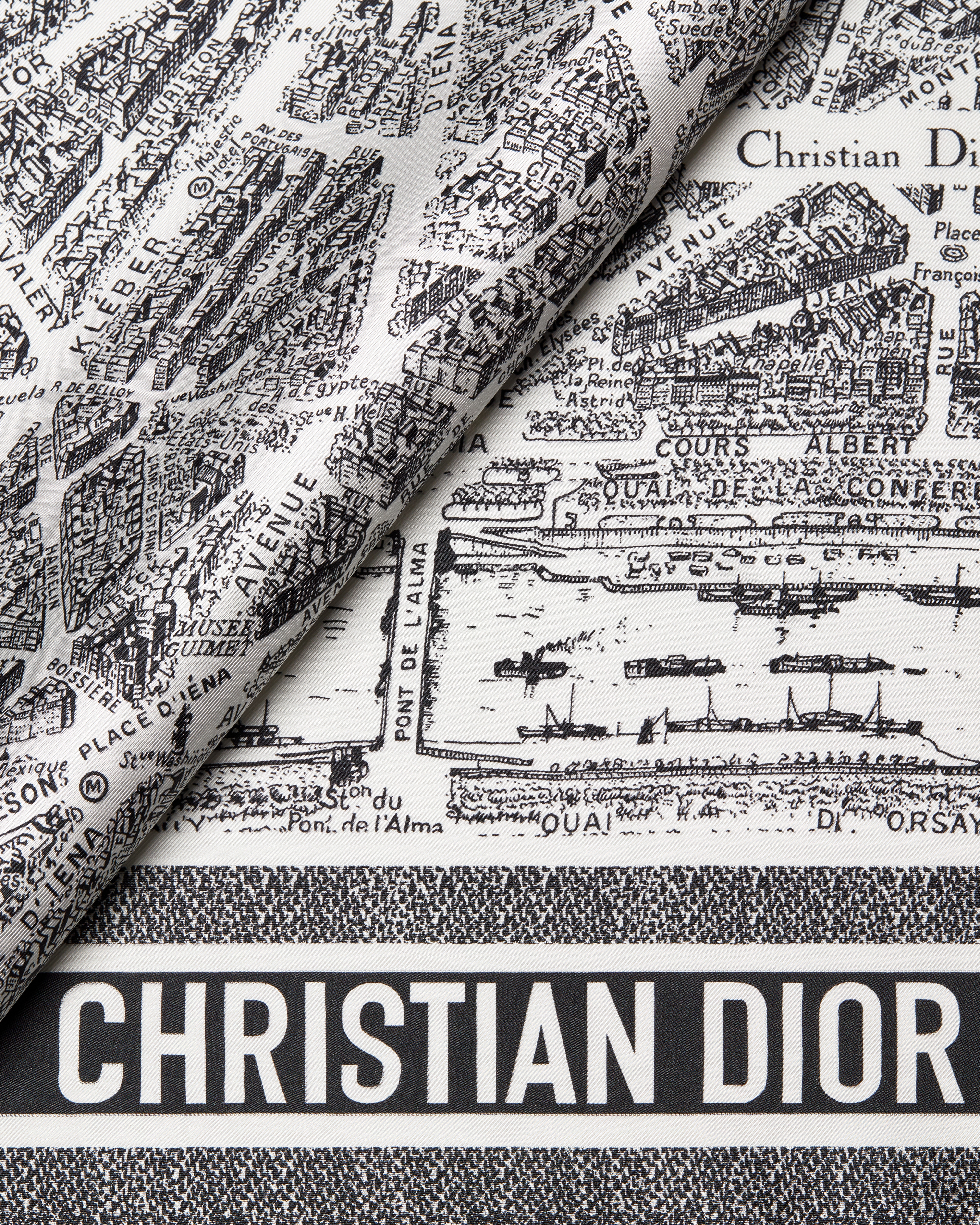 Plan de Paris 90 Square Scarf White and Black Silk Twill E09