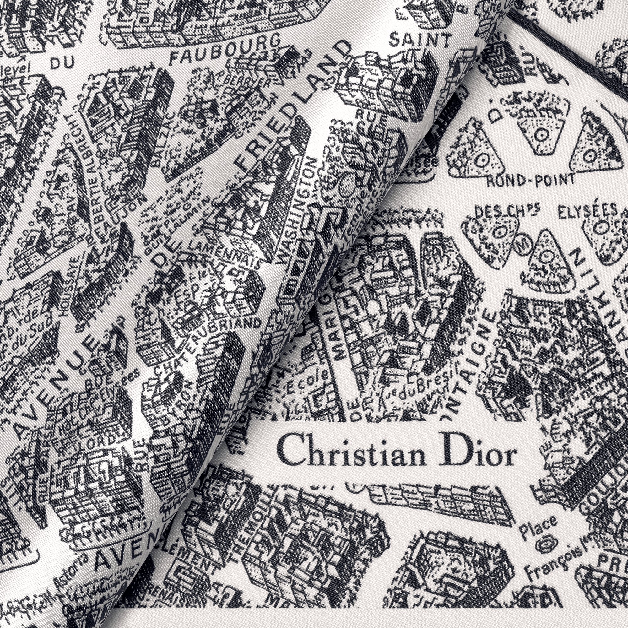 ผ้าพันคอ Dior Diamond รุ่น Plan de Paris ผ้าไหมทวิลล์สีขาวกับสีดำ E09