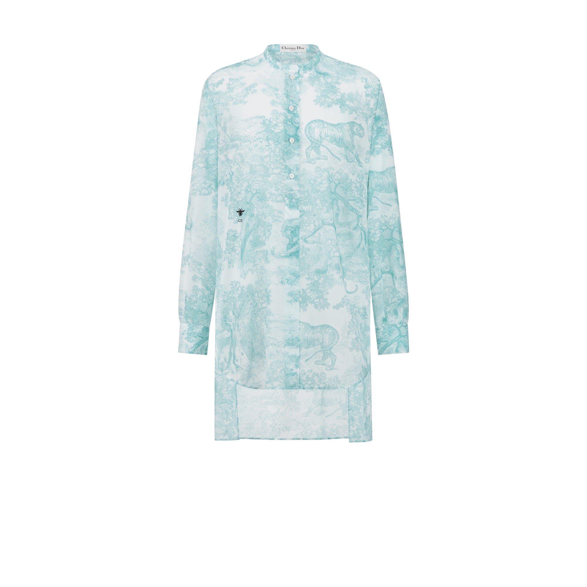 Dioriviera Long Blouse White Cotton Muslin with Lily of the Valley Green Toile de Jouy Sauvage Motif E01