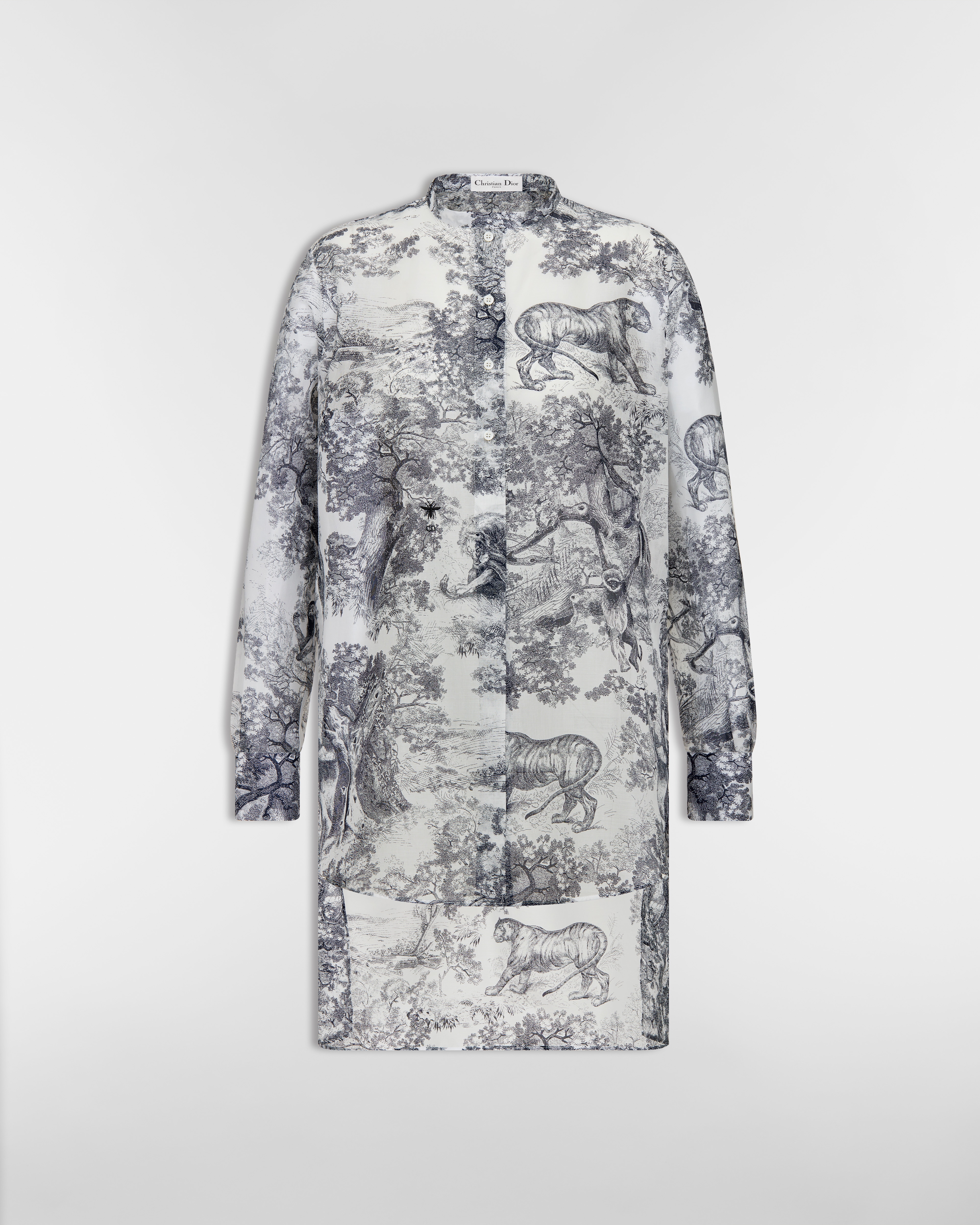 Blouse longue Dioriviera Mousseline de coton à motif Toile de Jouy Sauvage blanc et bleu marine E01