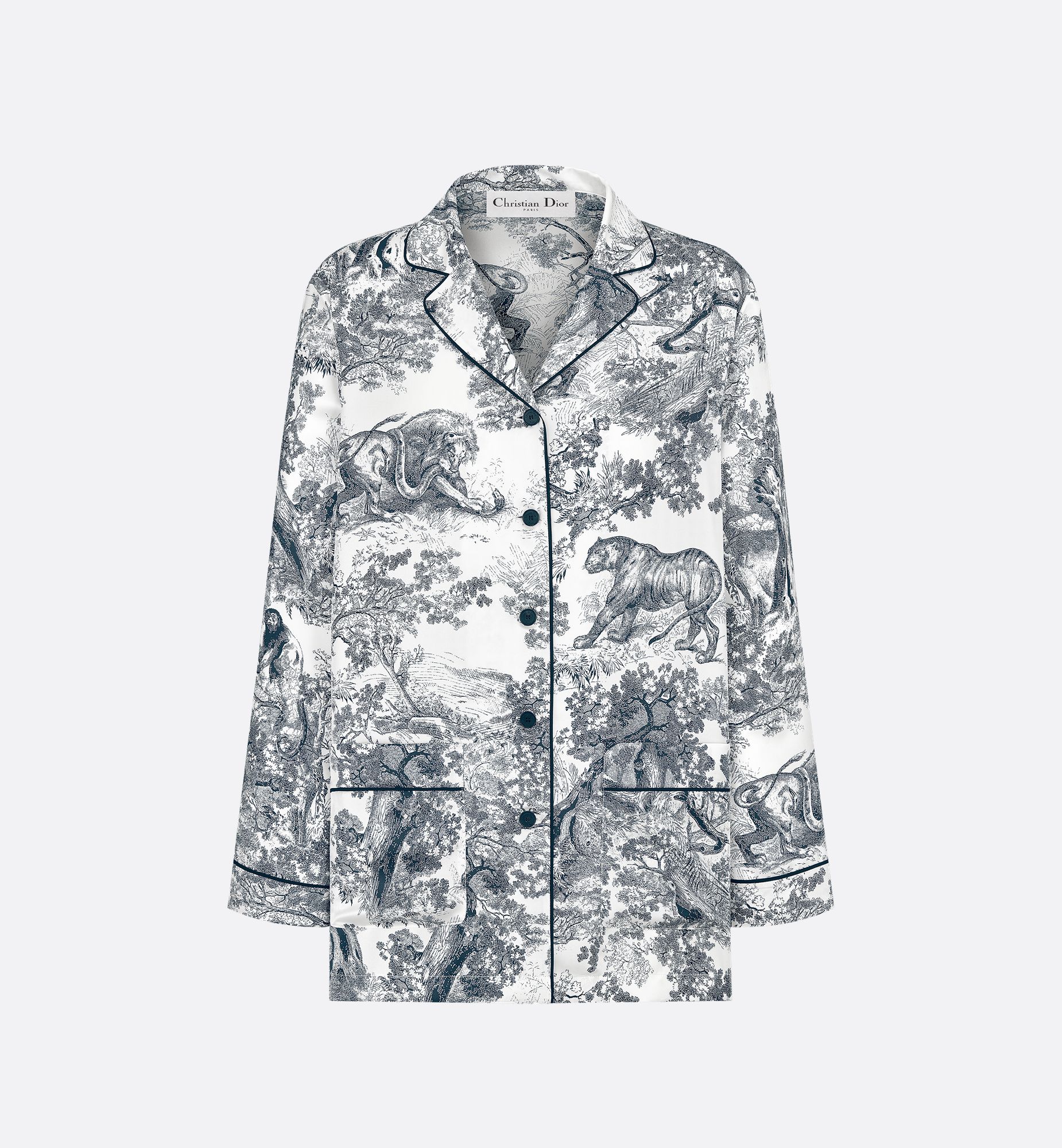 Twill di seta Toile de Jouy bianco e blu navy