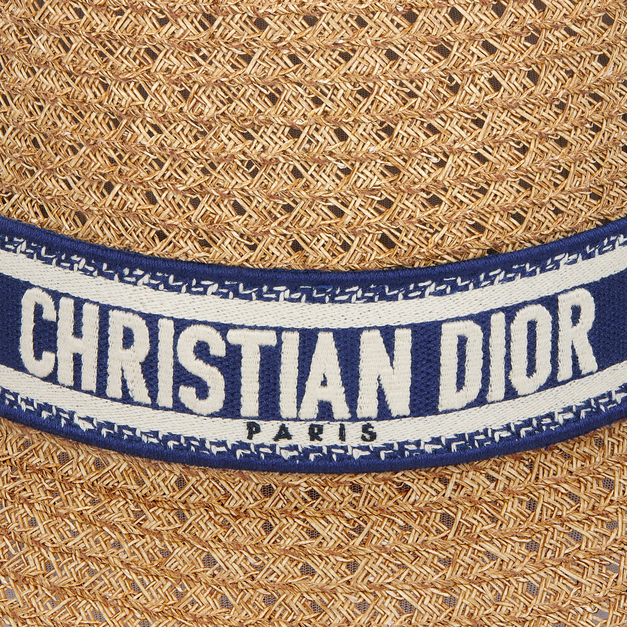 D-Bobby Small Brim Hat Straw with Navy Blue and Ecru Embroidered Band ...
