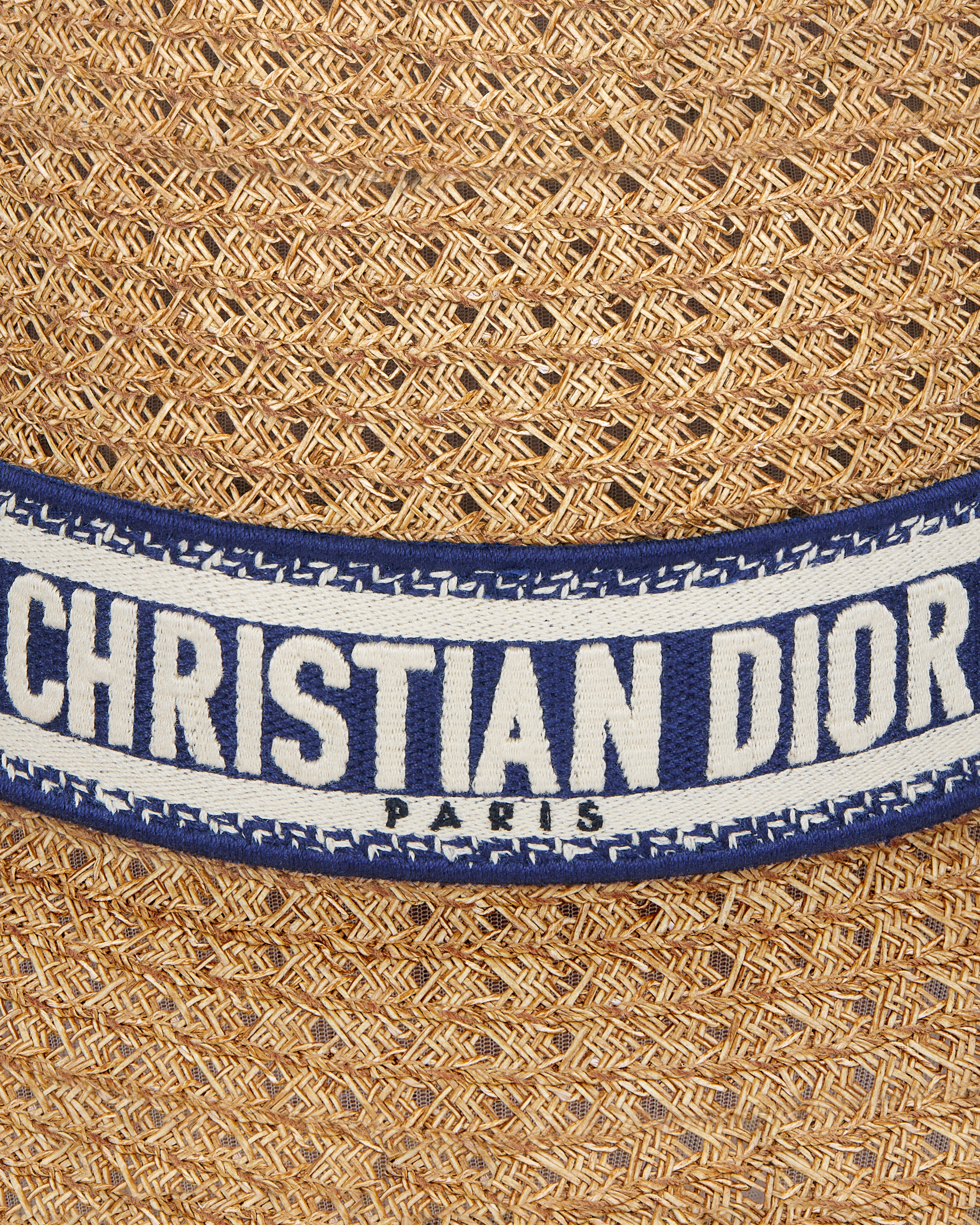 D-Bobby Small Brim Hat Straw with Navy Blue and Ecru Embroidered Band E09