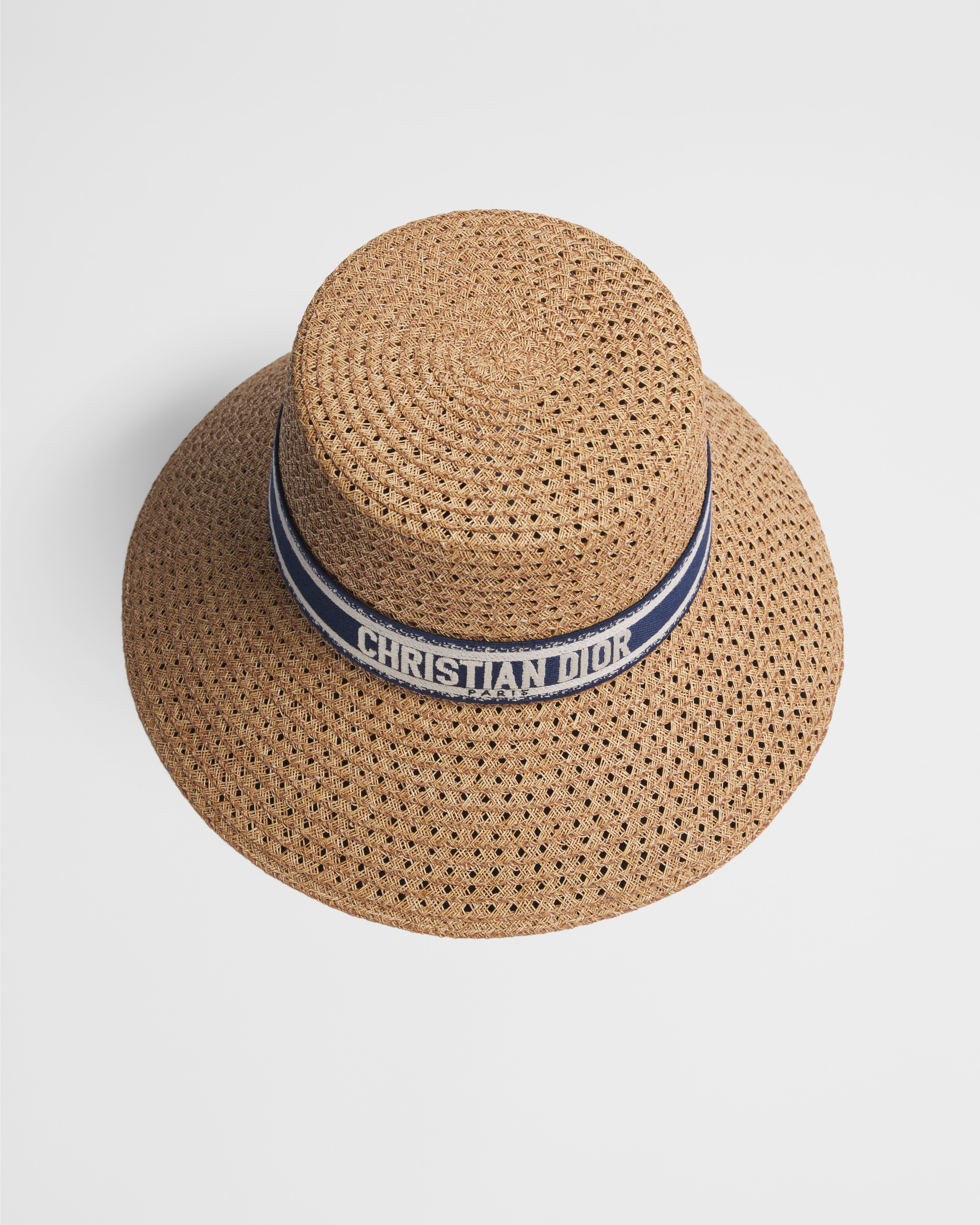 D-Bobby Hut mit breiter Krempe Stroh mit besticktem Band in Blau und Weiß E06