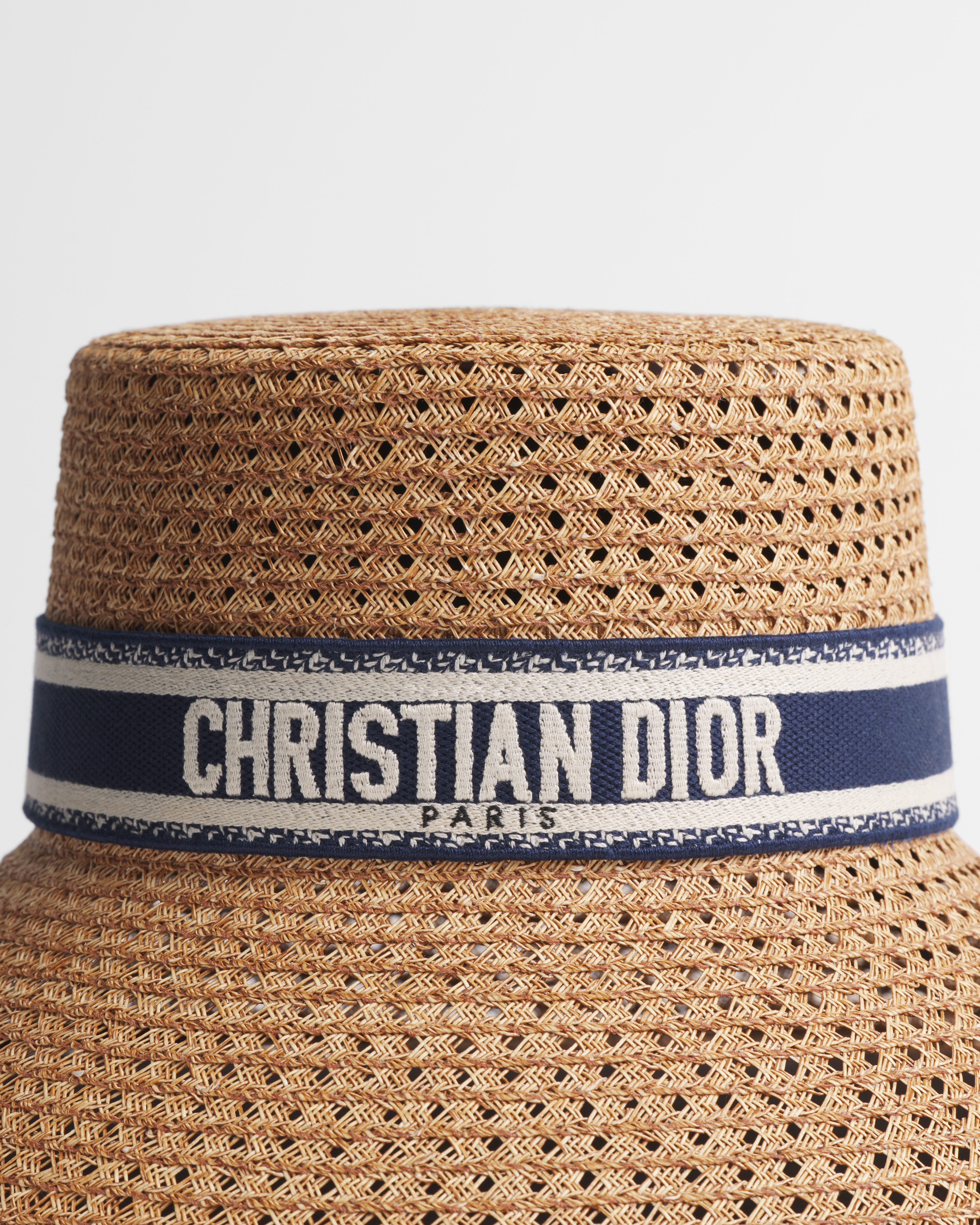 D-Bobby Hut mit breiter Krempe Stroh mit besticktem Band in Blau und Weiß E09