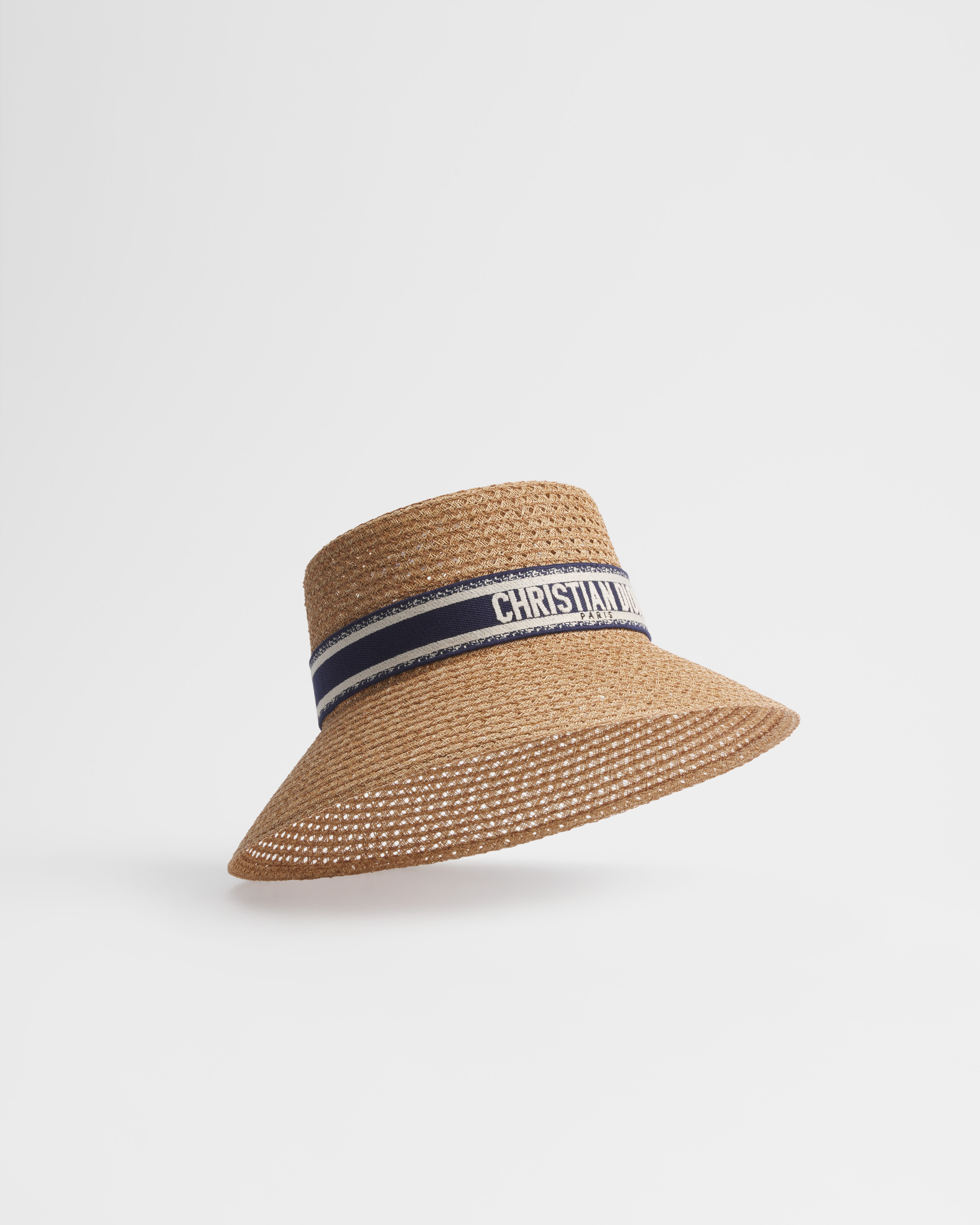 D-Bobby Hut mit breiter Krempe Stroh mit besticktem Band in Blau und Weiß E10