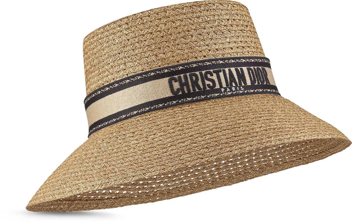 DBobby Large Brim Hat Straw with Beige and Black Embroidered Band DIOR
