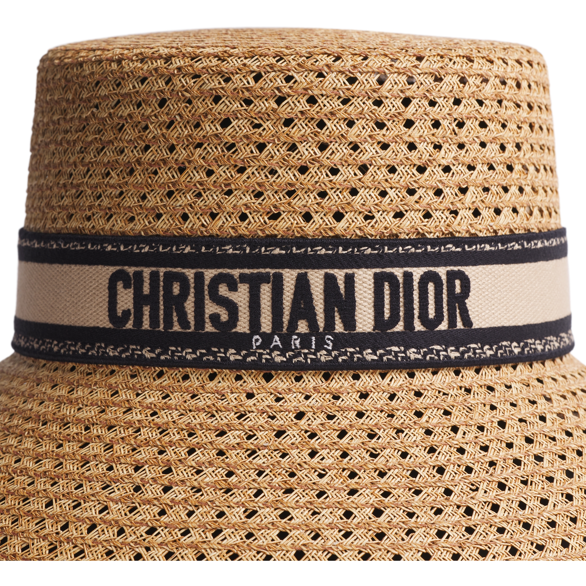 D-Bobby Large Brim Hat Straw with Beige and Black Embroidered Band E09