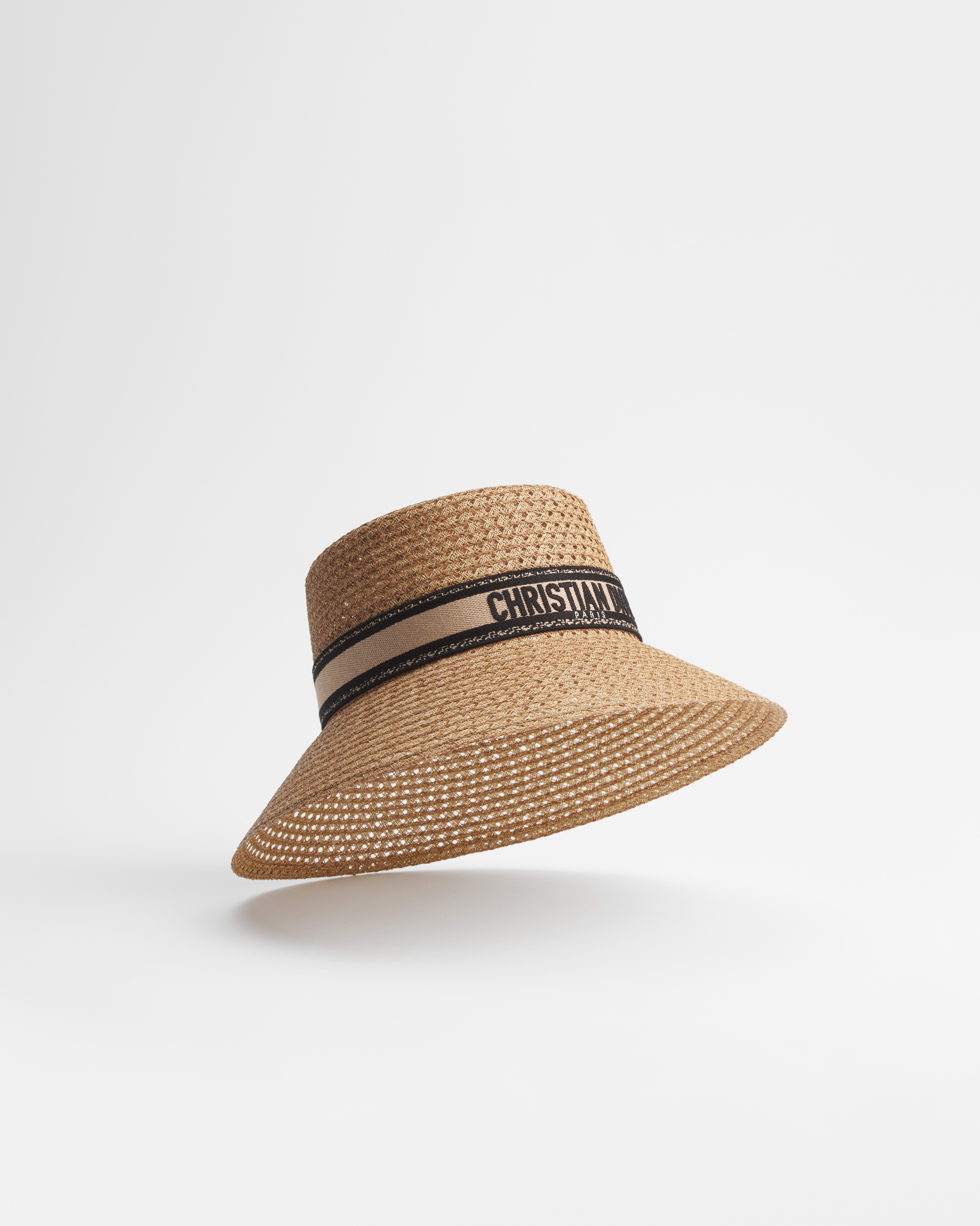 Chapeau D-Bobby à long bord Paille et bande brodée beige et noire E10