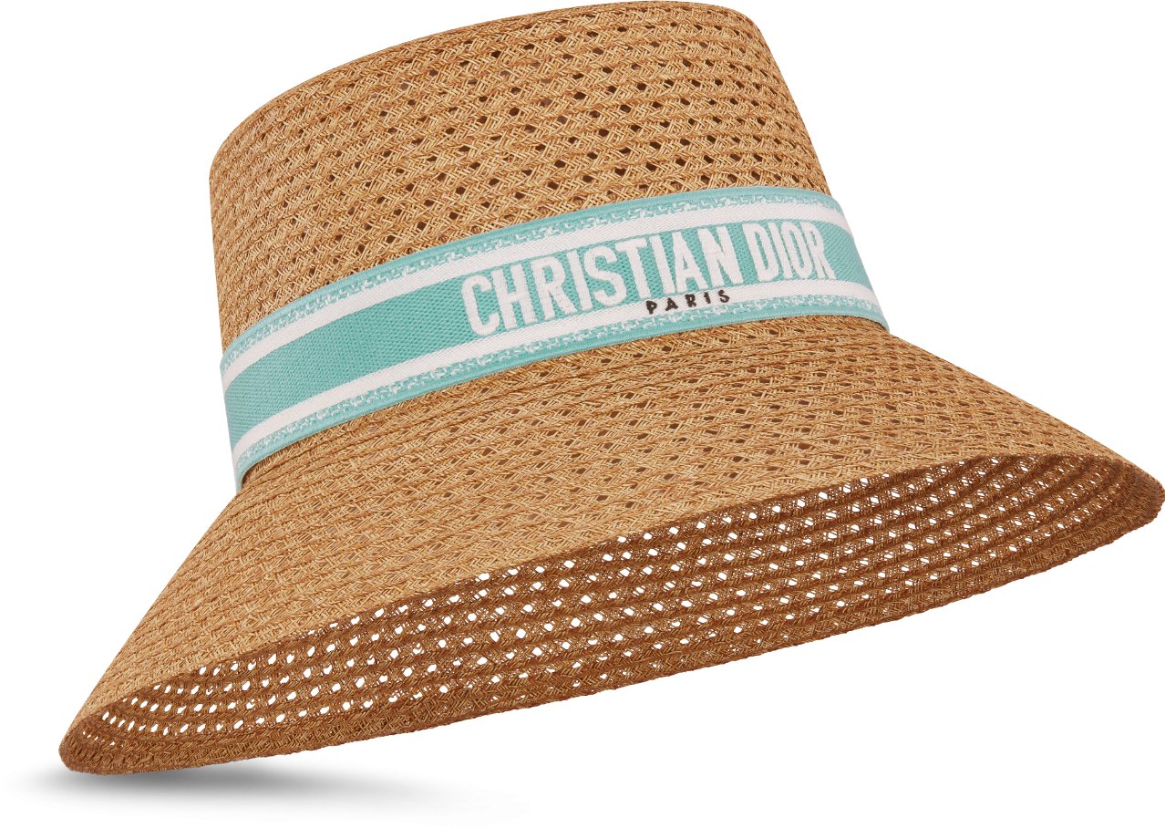 D Bobby Large Brim Hat Straw with Beige and Black Embroidered Band DIOR