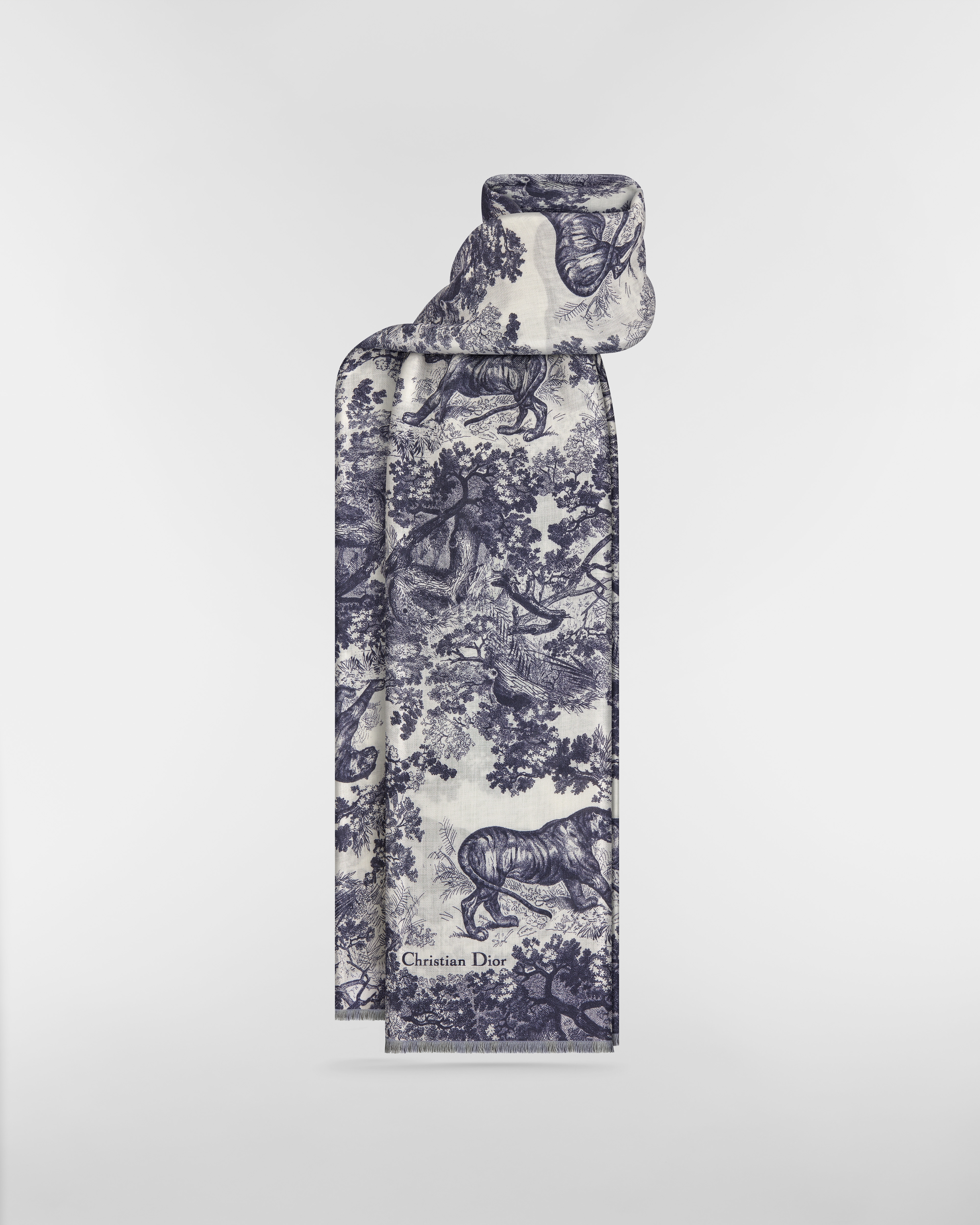 Toile de Jouy Sauvage Stole White and Navy Blue Cashmere E01