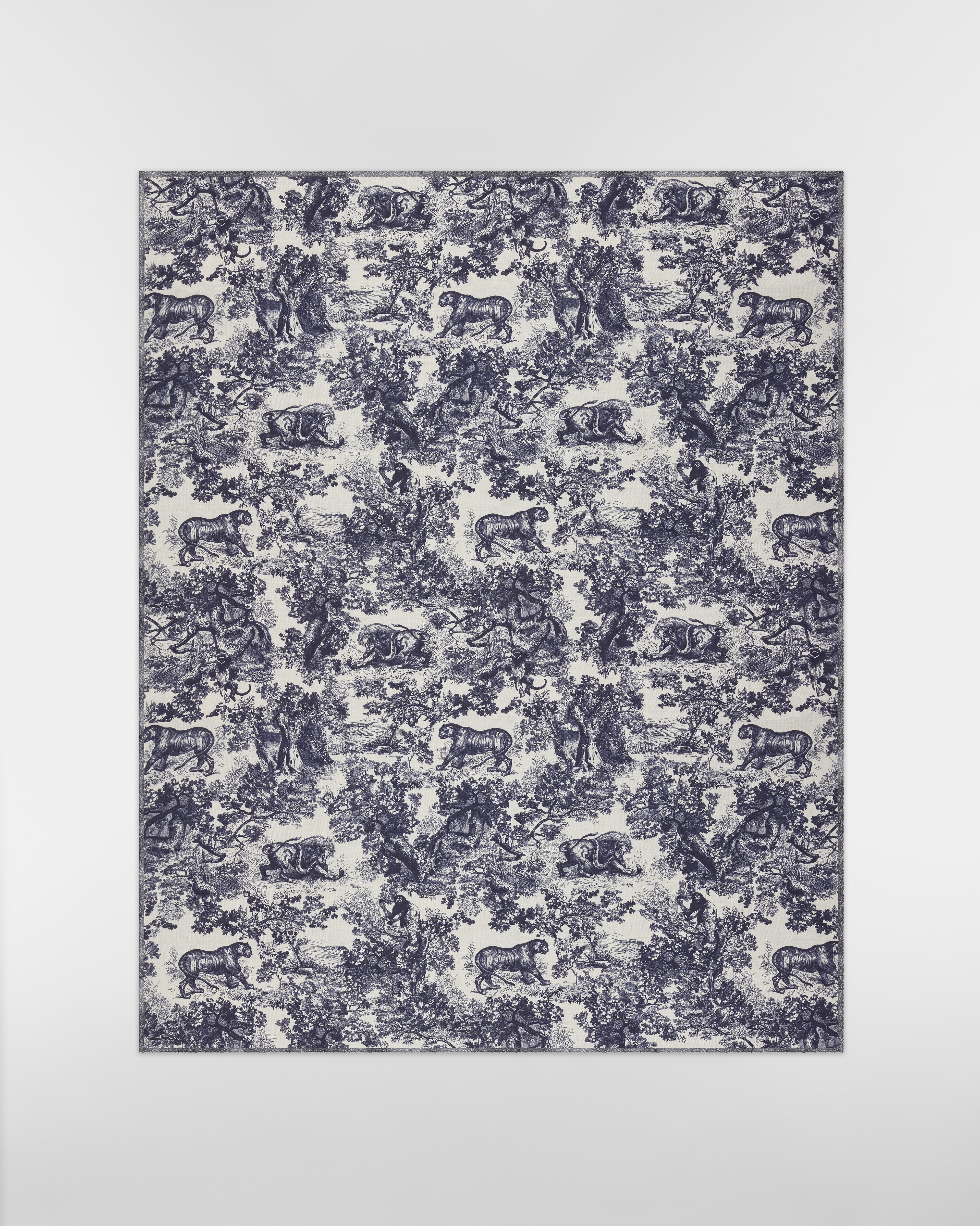 Toile de Jouy Sauvage Stole White and Navy Blue Cashmere E07