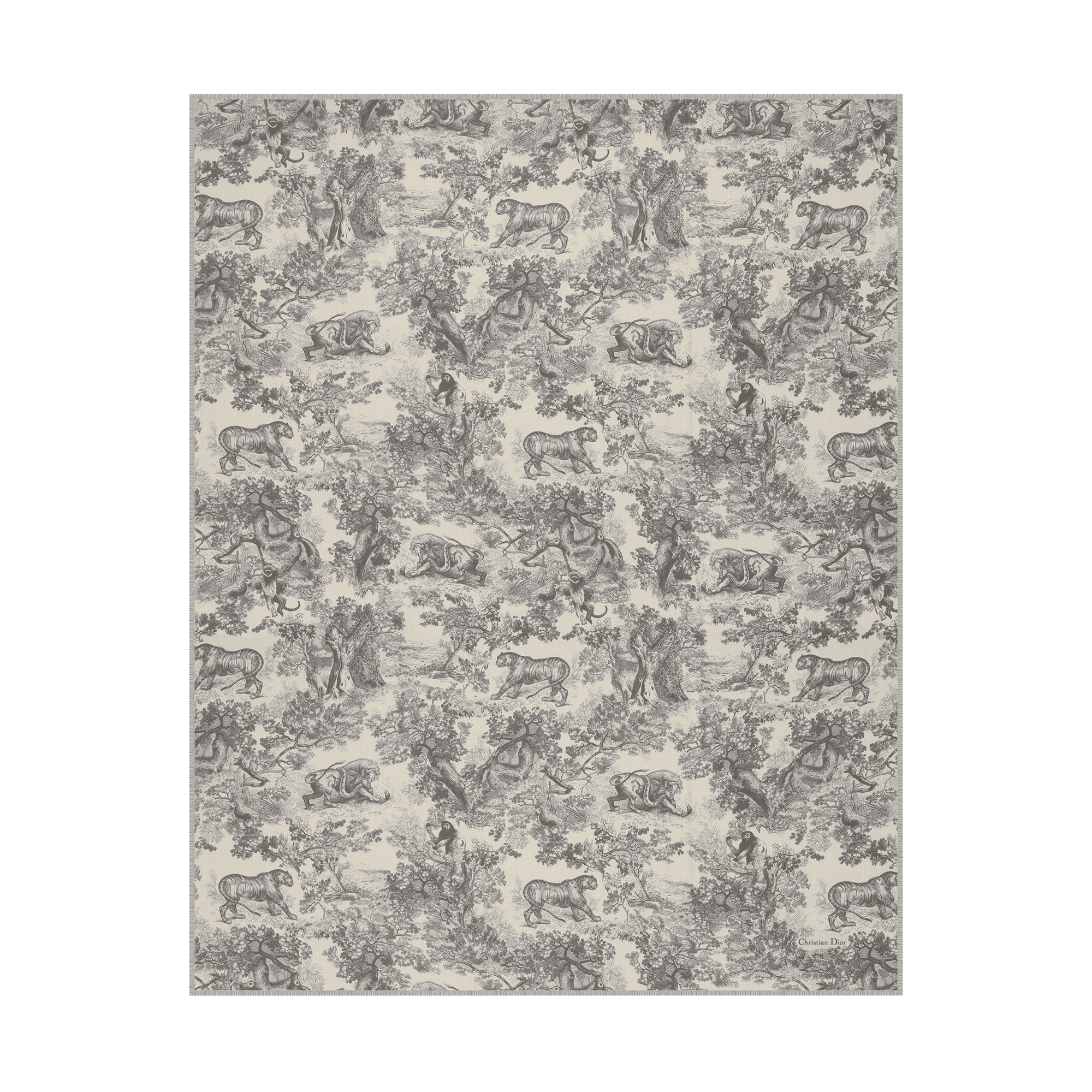 Toile de Jouy Sauvage Stole Ivory and Gray Cashmere E07