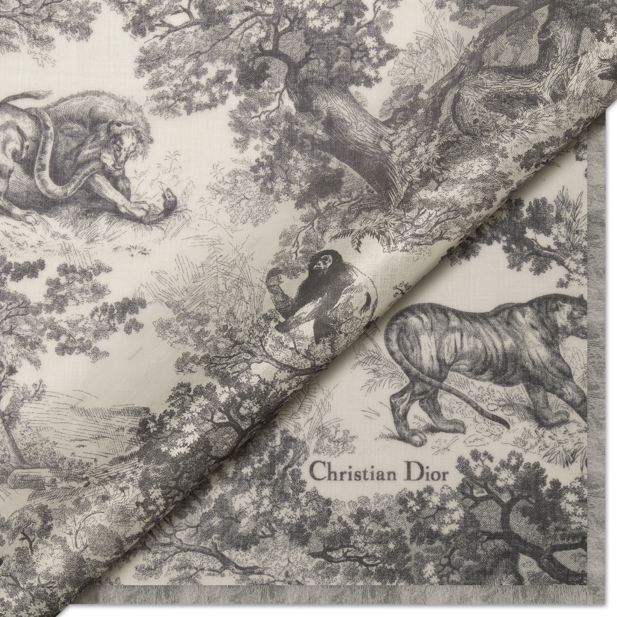 Toile de Jouy Sauvage Stola Kaschmir in Elfenbeinfarbe und Grau E09