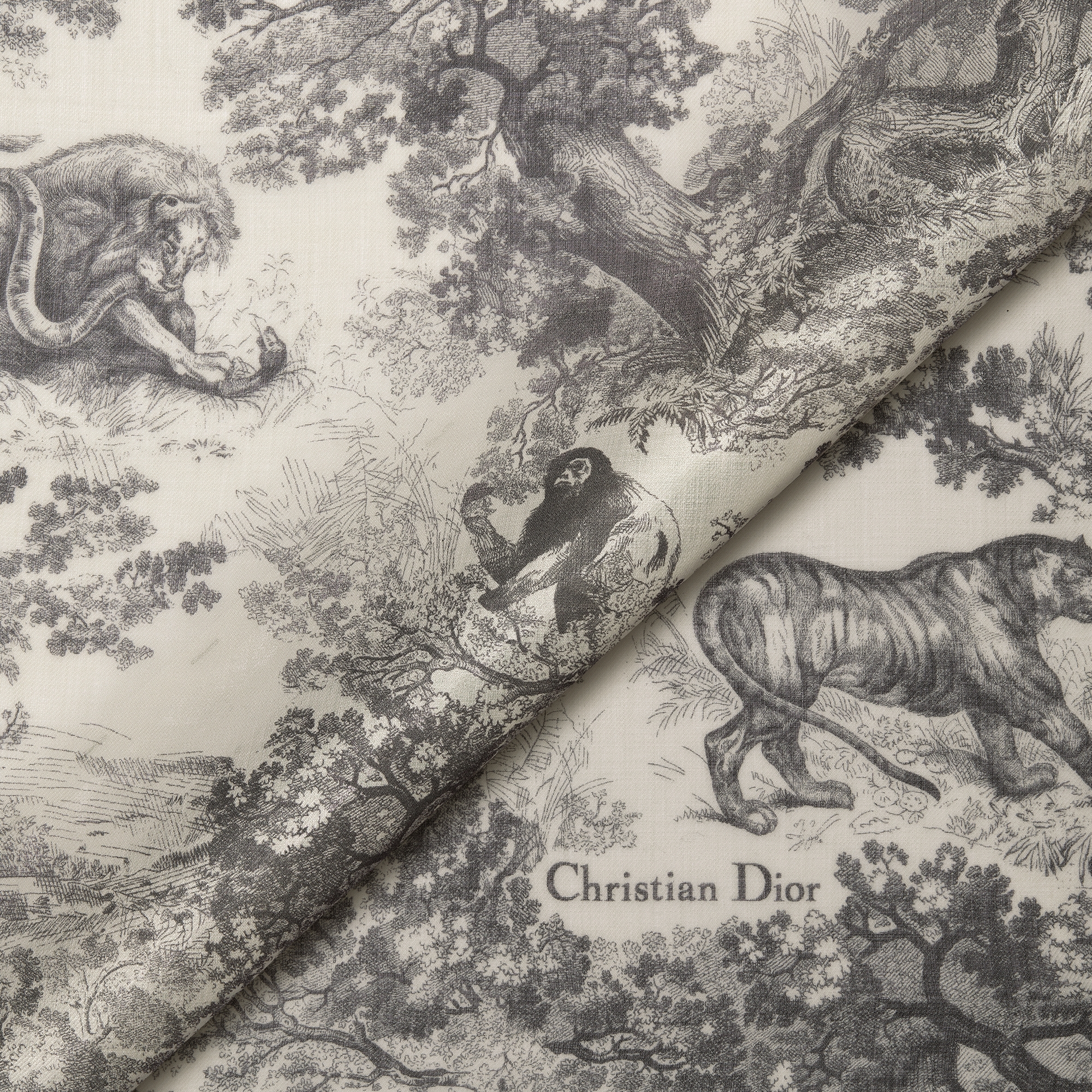 Toile de Jouy Sauvage Stole Ivory and Gray Cashmere E09