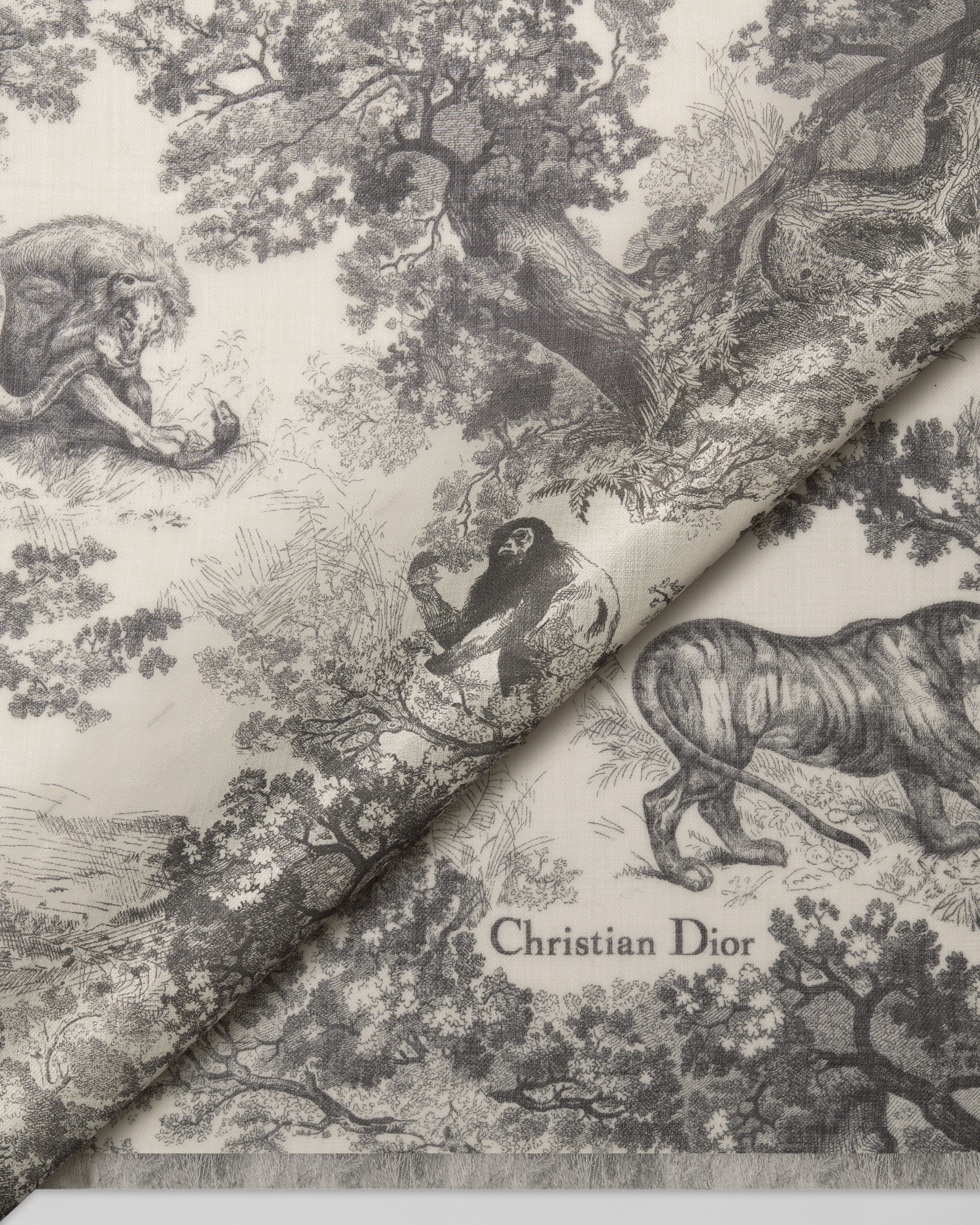 Toile de Jouy Sauvage Stola Kaschmir in Elfenbeinfarbe und Grau E09