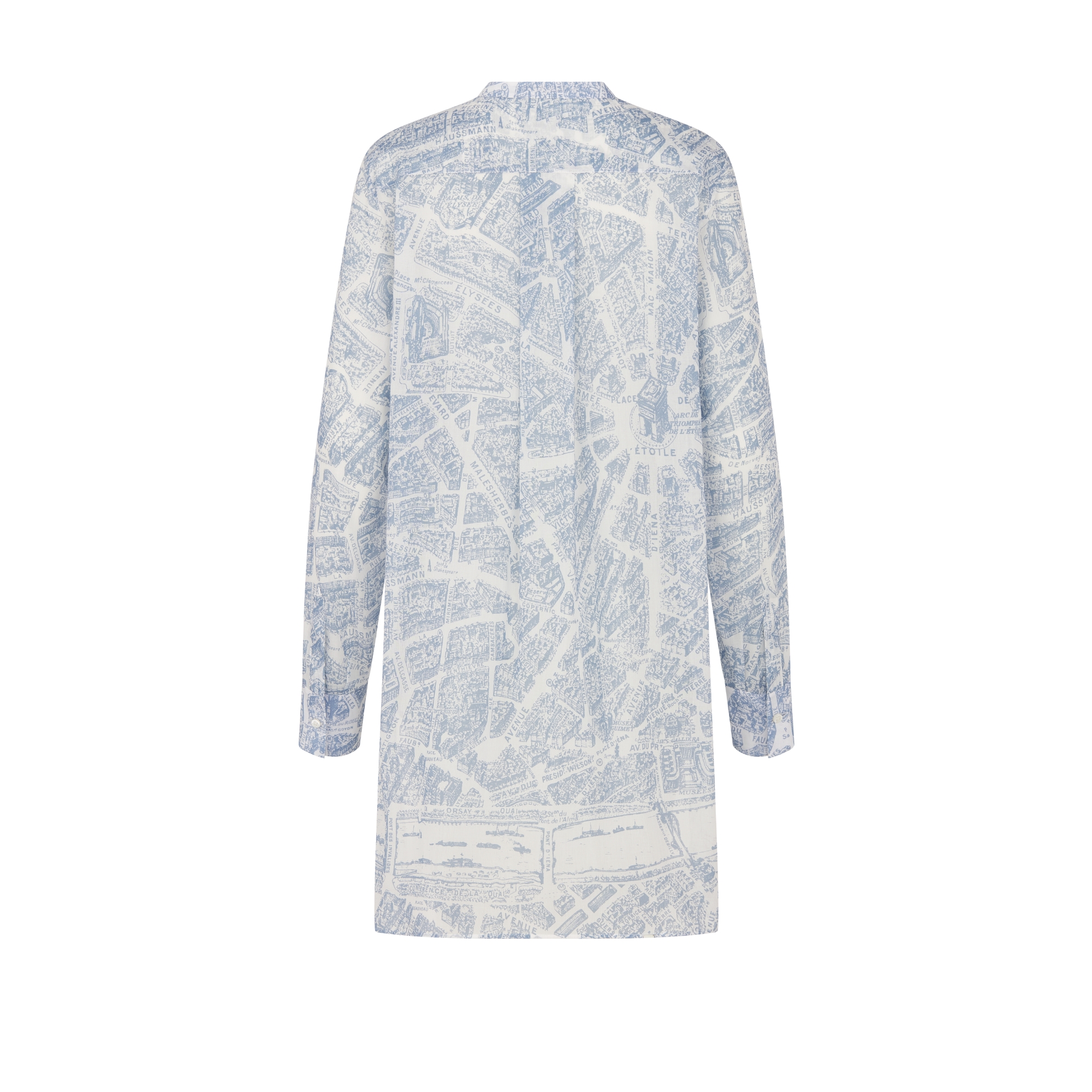 Long Blouse White and Chambray Blue Cotton Voile with Plan de Paris Motif E08