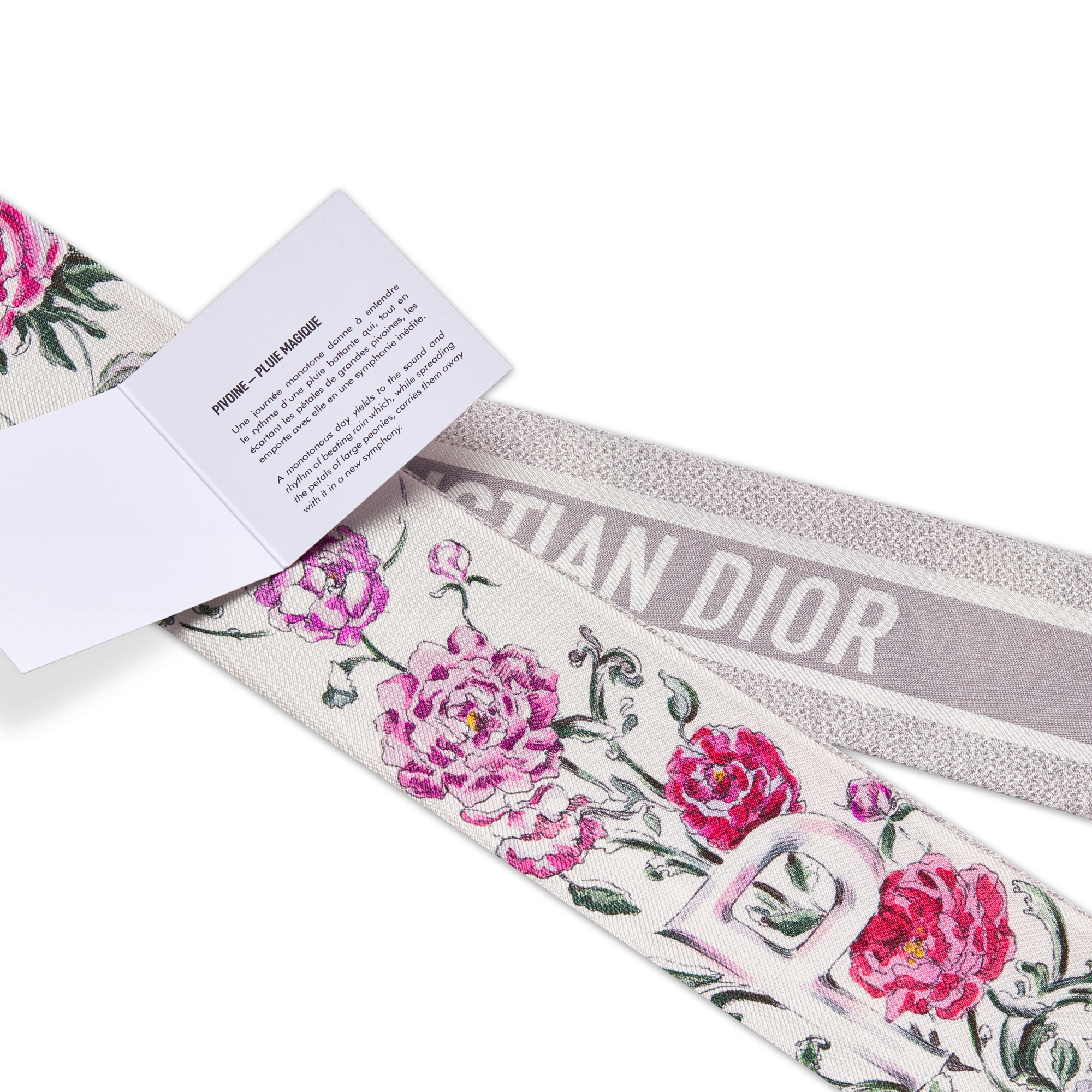 ABCDior P Pivoine - ผ้าพันคอ Pluie Magique Mitzah ผ้าไหมทวิลล์พิมพ์ลายหลากสีบนพื้นสีขาวครีม E09