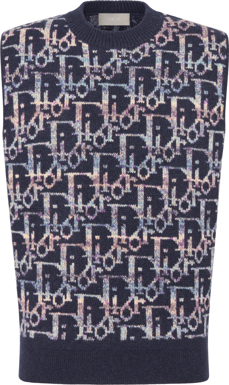 Dior Oblique Sweater Vest Blue Virgin Wool Jacquard DIOR