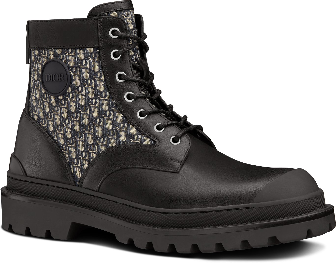 Dior Explorer Ankle Boot Black Smooth Calfskin and Beige and Black Dior Oblique Jacquard DIOR