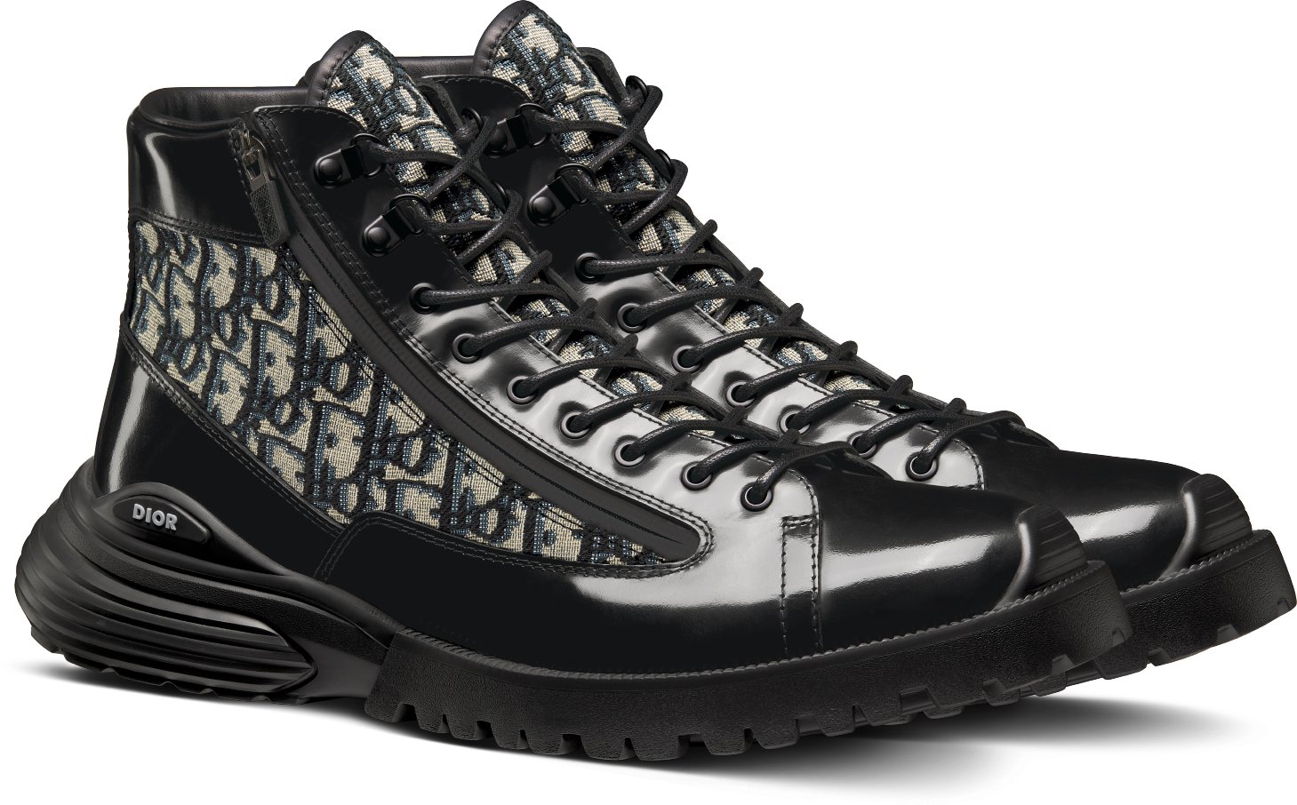Dior Combat Ankle Boot Black Polished Calfskin with Beige and Black Dior Oblique Jacquard DIOR