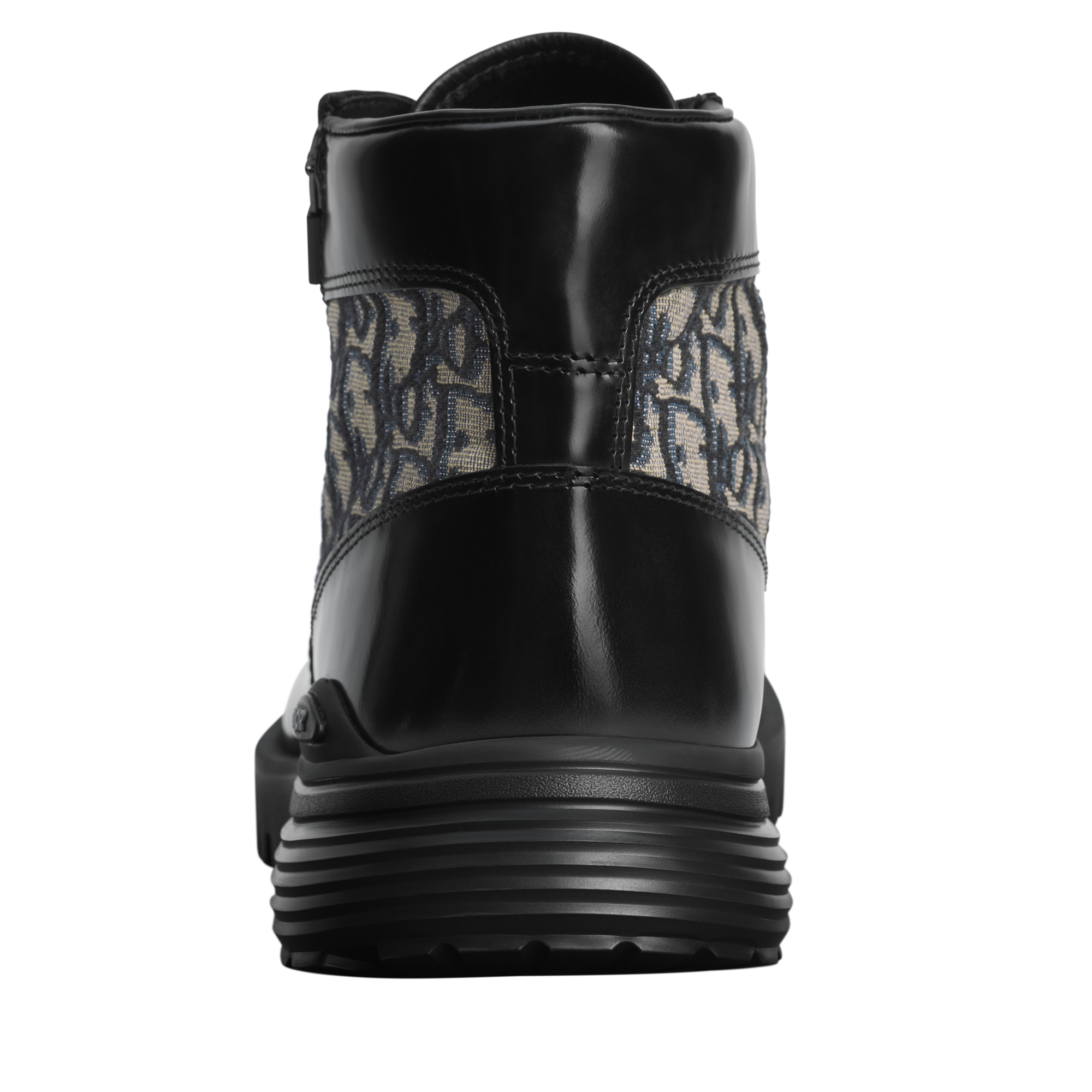 Dior Combat Ankle Boot Black Polished Calfskin with Beige and Black Dior Oblique Jacquard E08