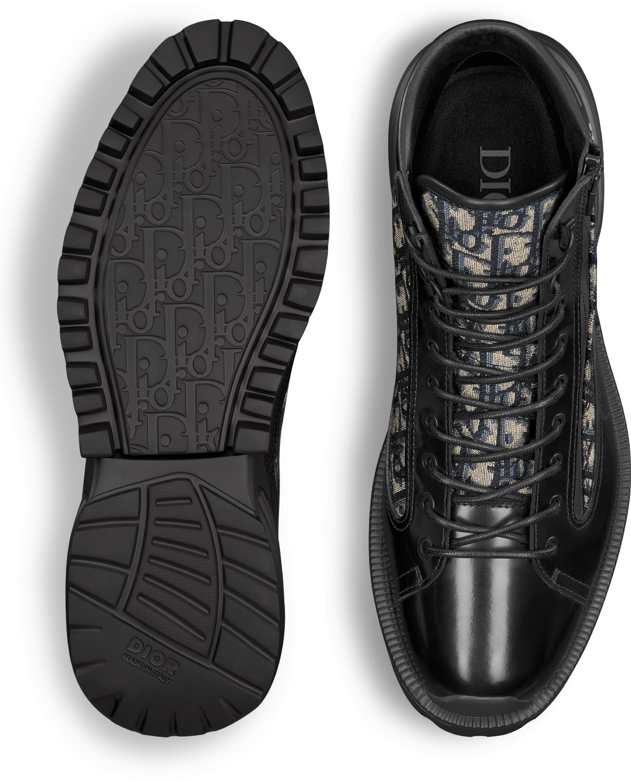 Dior Combat Ankle Boot Black Polished Calfskin with Beige and Black Dior Oblique Jacquard DIOR