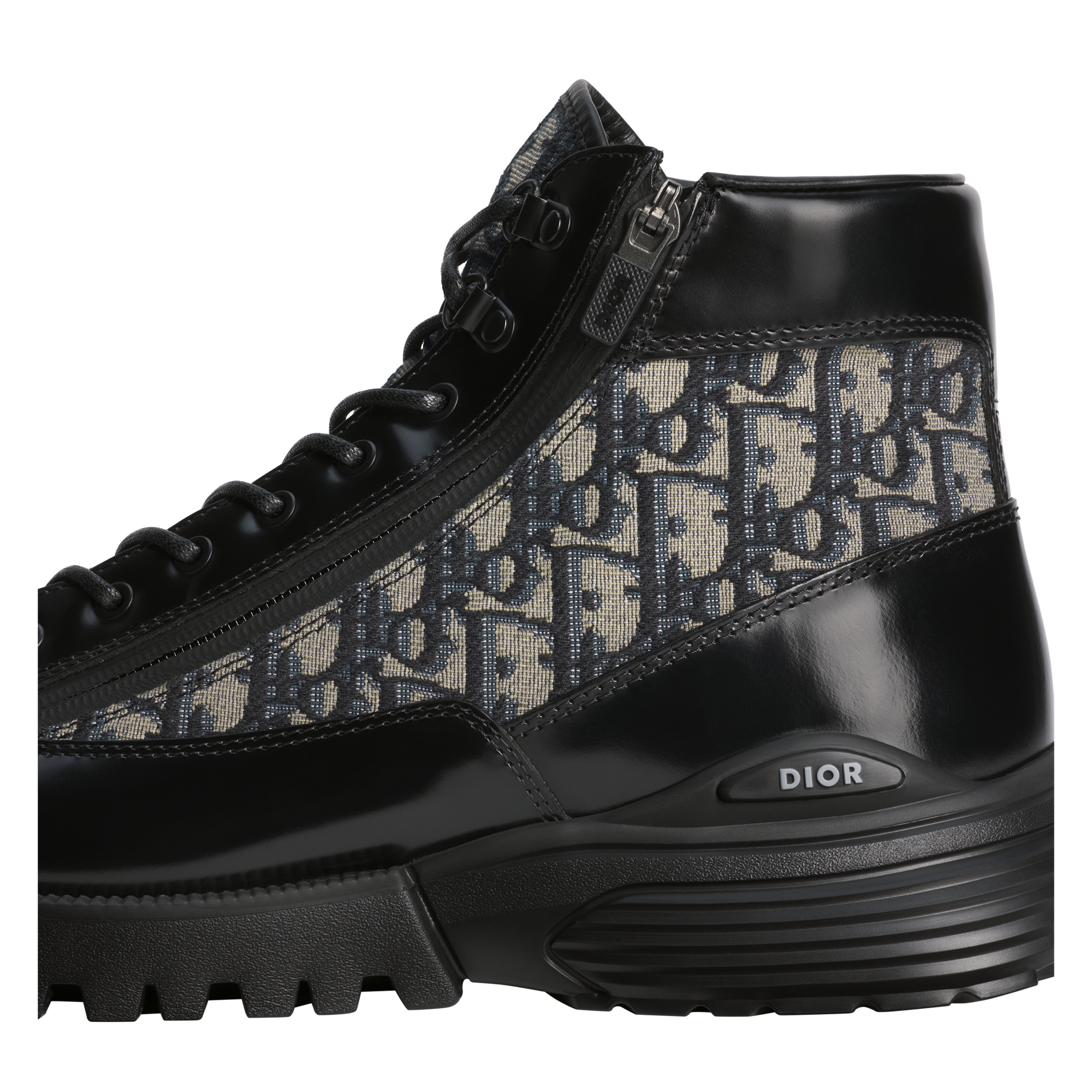Dior Combat Ankle Boot Black Polished Calfskin with Beige and Black Dior Oblique Jacquard E11