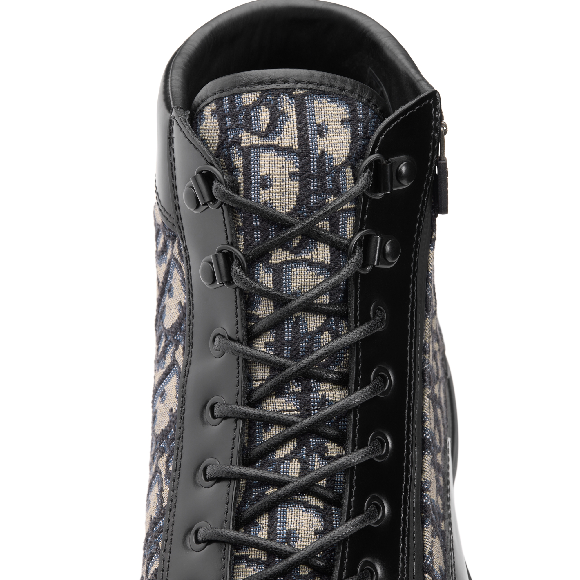 Dior Combat Ankle Boot Black Polished Calfskin with Beige and Black Dior Oblique Jacquard E12