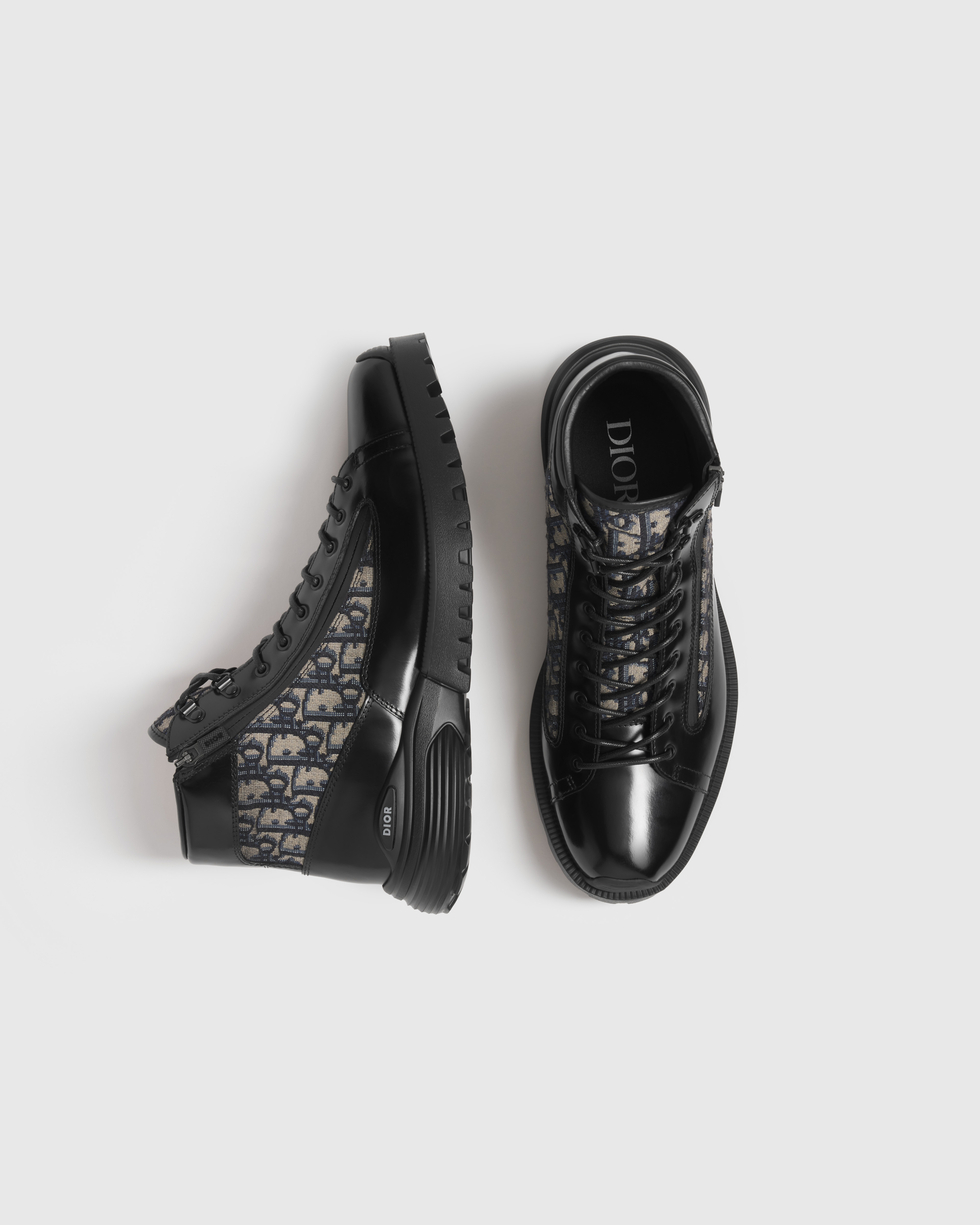 Dior Combat Ankle Boot Black Polished Calfskin with Beige and Black Dior Oblique Jacquard E06
