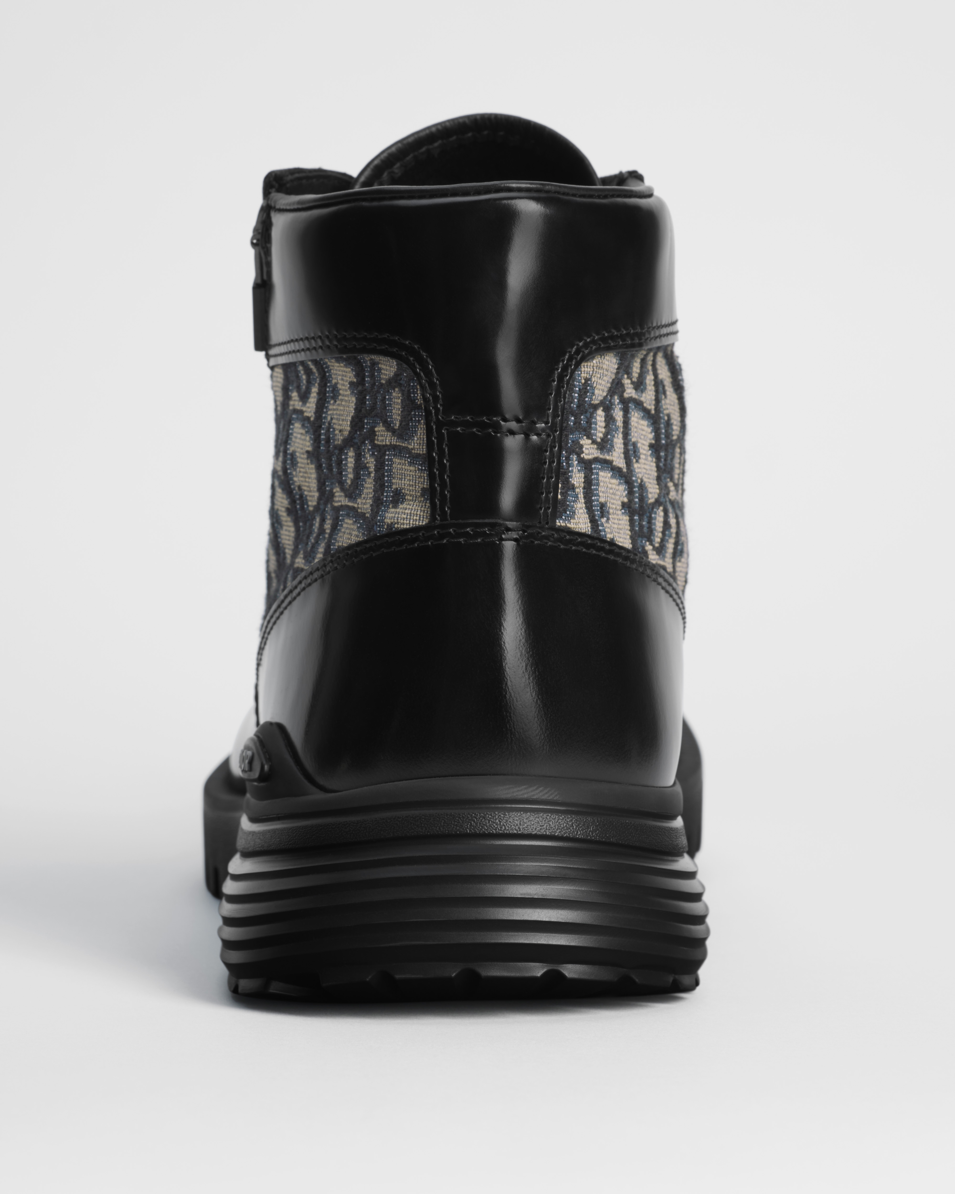 Dior Combat Ankle Boot Black Polished Calfskin with Beige and Black Dior Oblique Jacquard E08