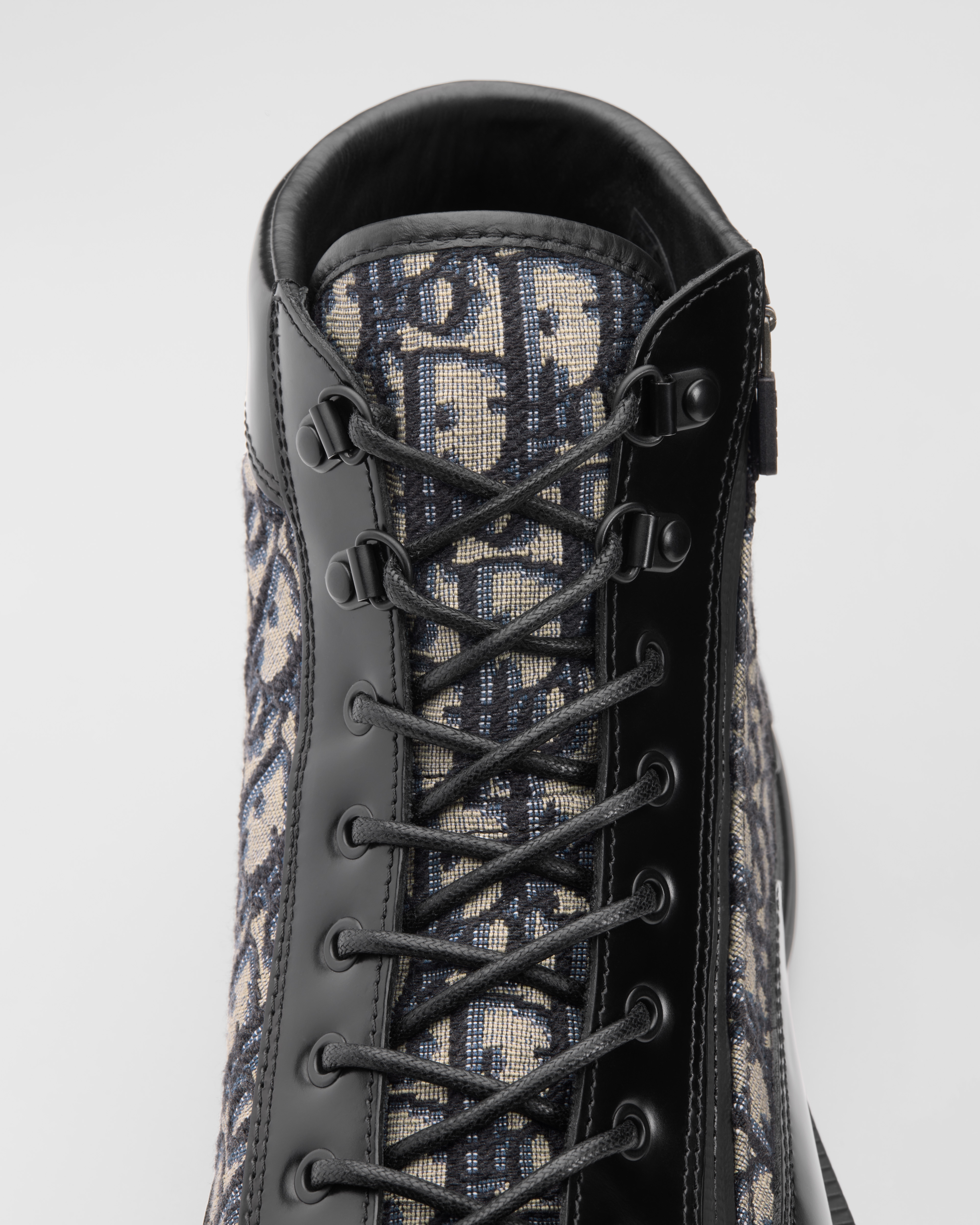 Dior Combat Ankle Boot Black Polished Calfskin with Beige and Black Dior Oblique Jacquard E12