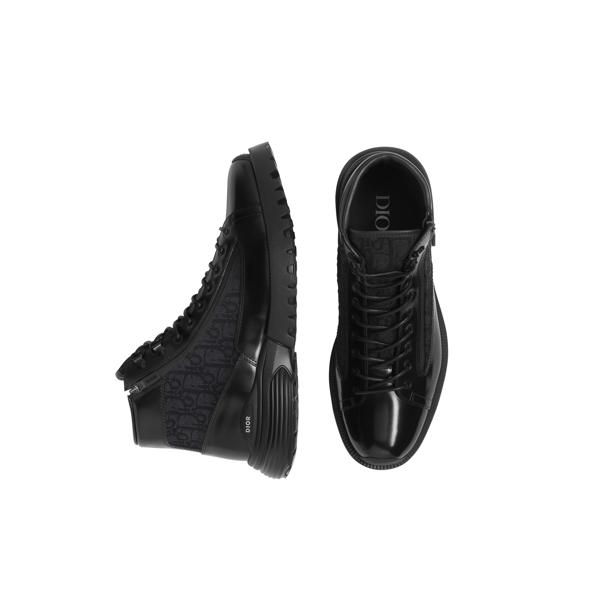 Dior Combat Ankle Boot Black Polished Calfskin and Black Dior Oblique Jacquard E06