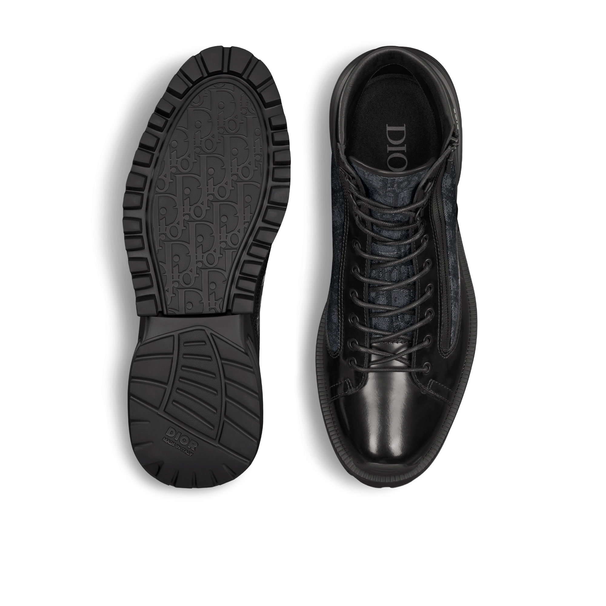 Dior Combat Ankle Boot Black Polished Calfskin and Black Dior Oblique Jacquard E10