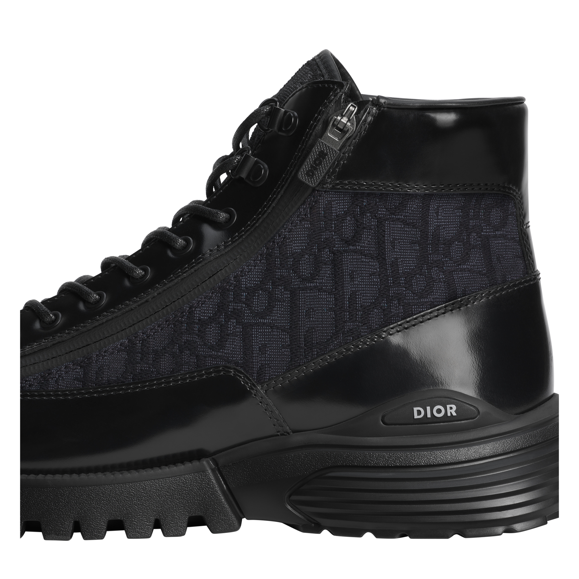 Dior Combat Ankle Boot Black Polished Calfskin and Black Dior Oblique Jacquard E11