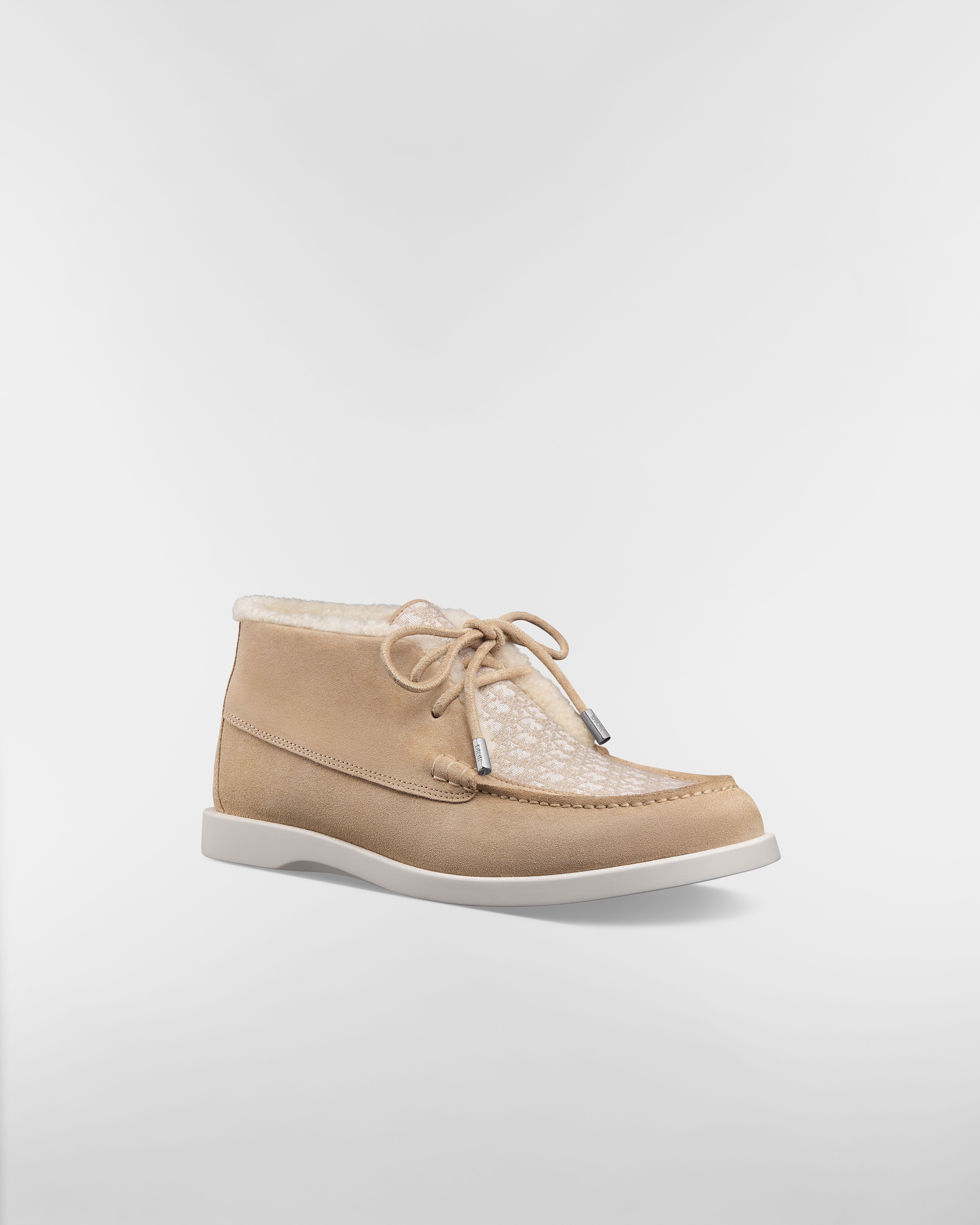 Dior Granville Chukka Stiefel Veloursleder in Beige, Dior Oblique Jacquard in Beige und Shearling in Cremeweiß E03