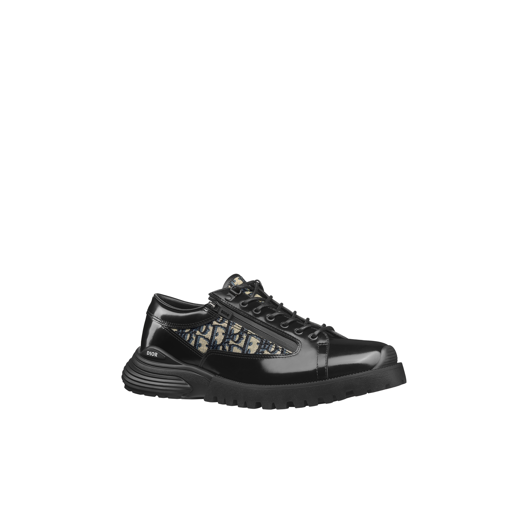 Dior Combat Derby Shoe Black Polished Calfskin with Beige and Black Dior Oblique Jacquard E03