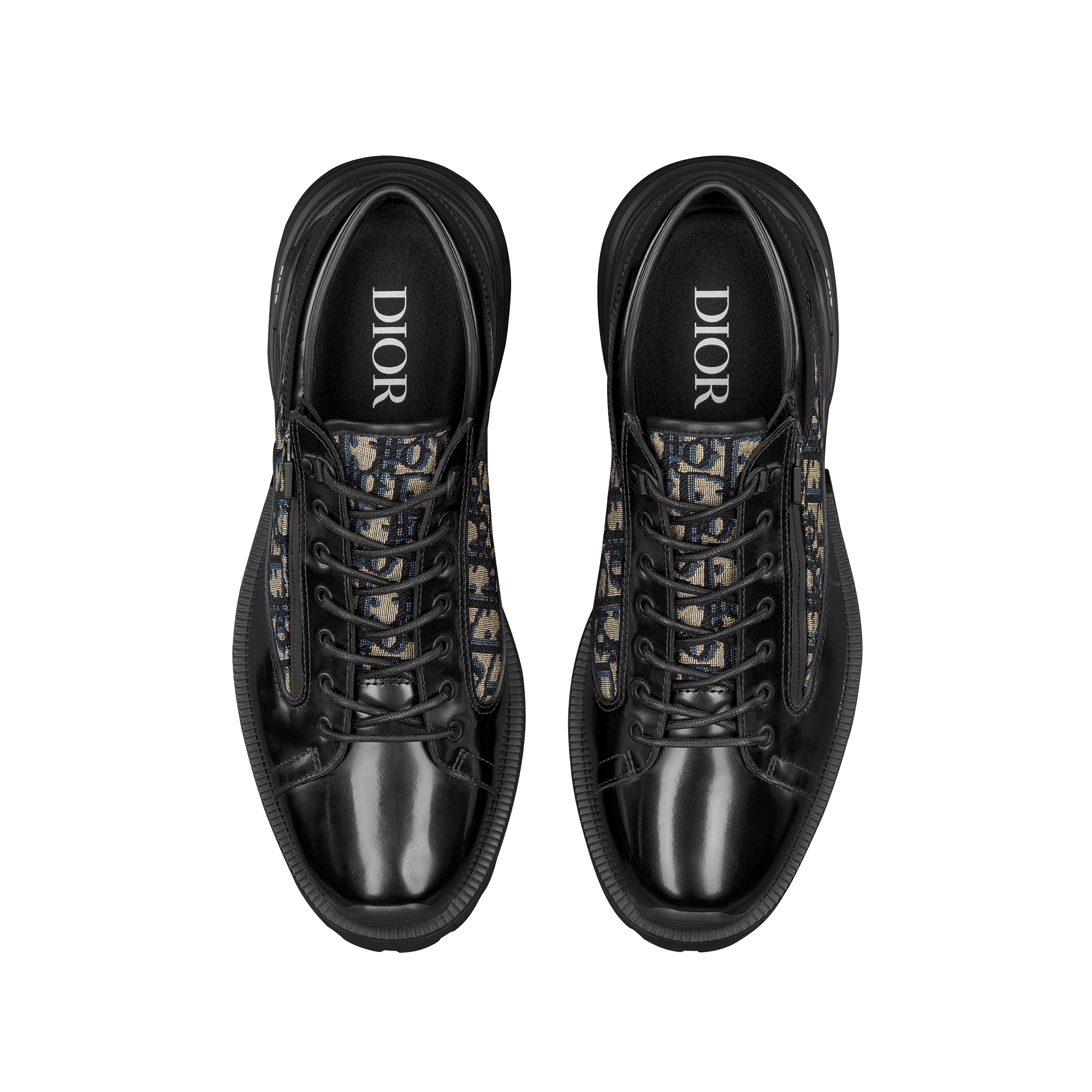 Dior Combat Derby Shoe Black Polished Calfskin with Beige and Black Dior Oblique Jacquard E06