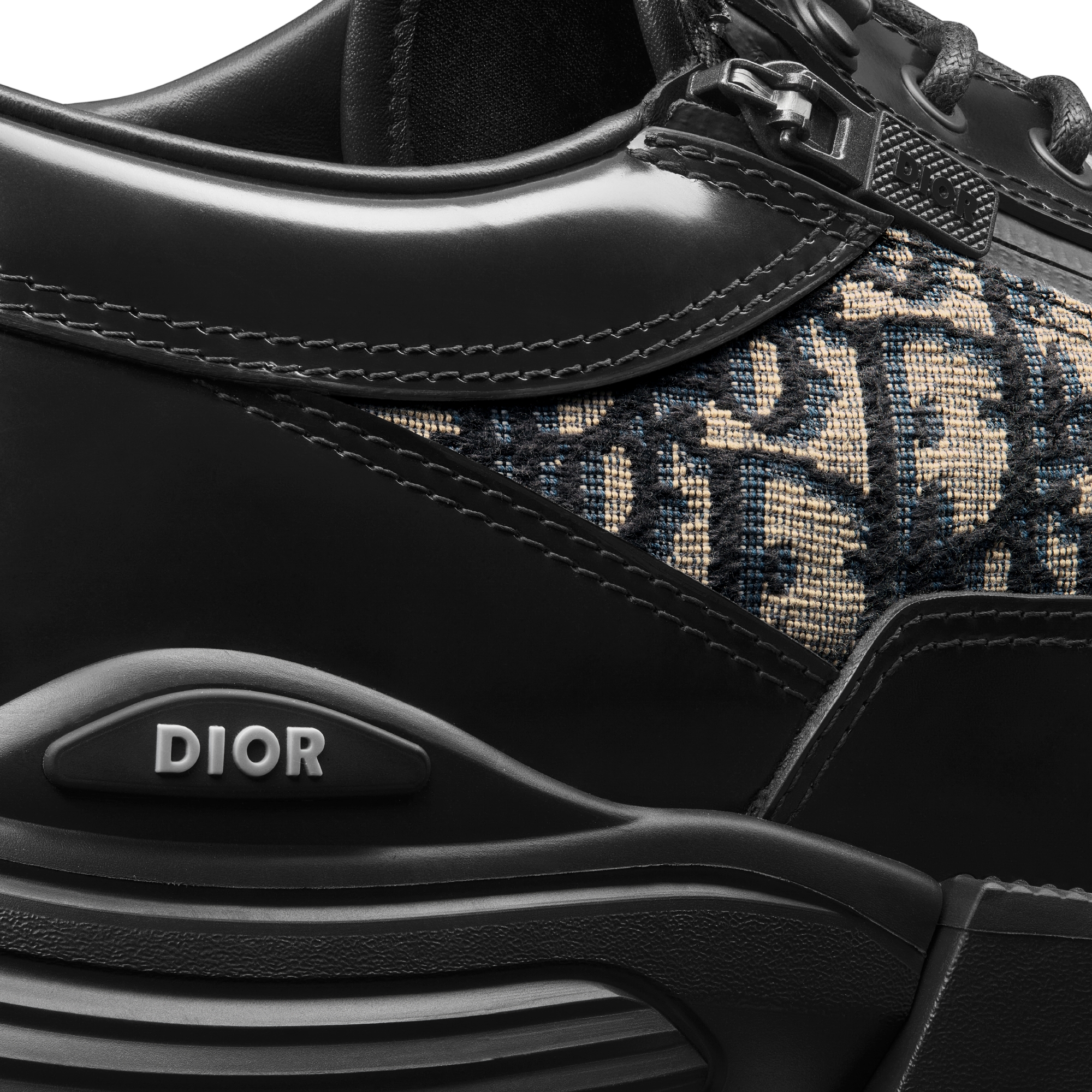 Dior Combat Derby Shoe Black Polished Calfskin with Beige and Black Dior Oblique Jacquard E09