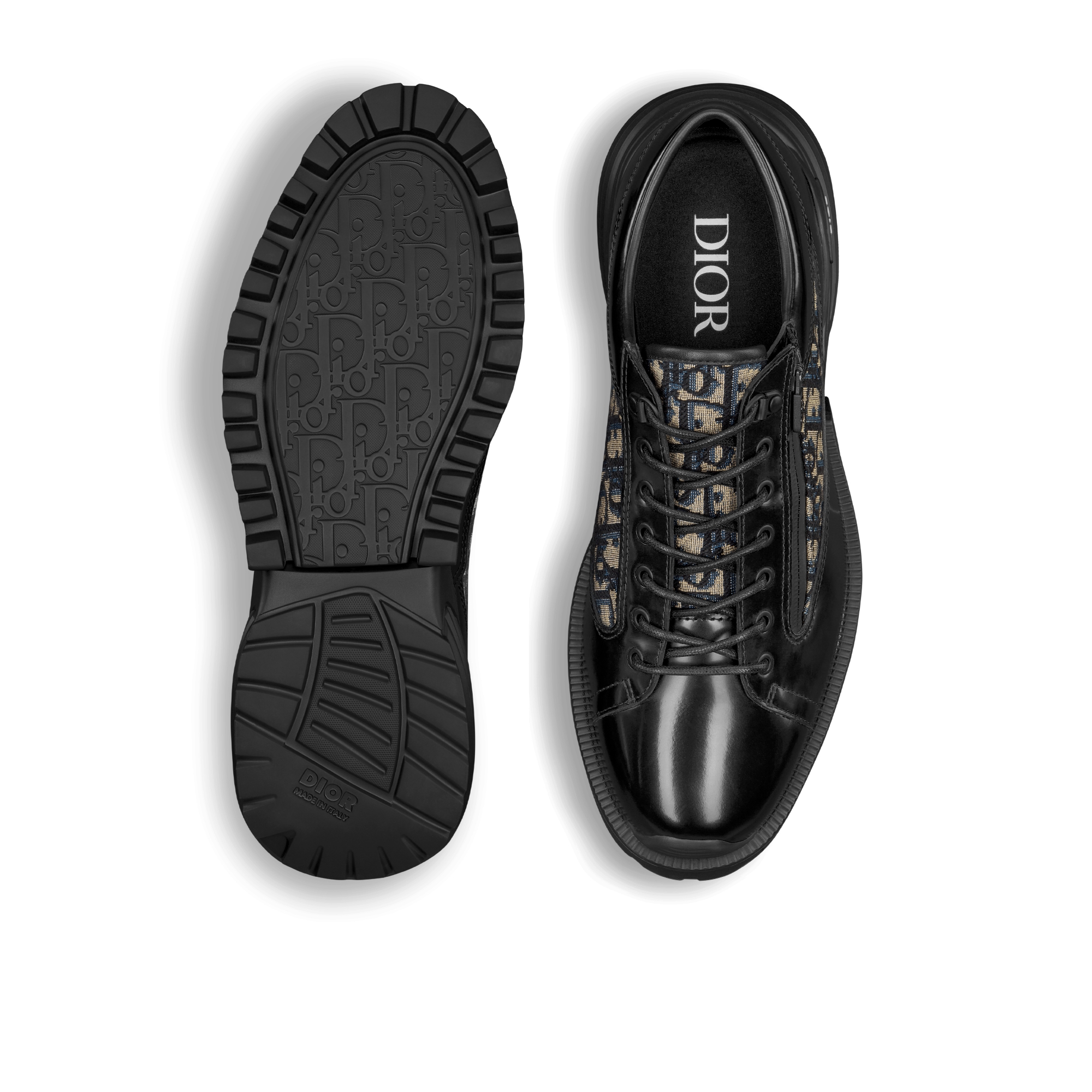 Dior Combat Derby Shoe Black Polished Calfskin with Beige and Black Dior Oblique Jacquard E10