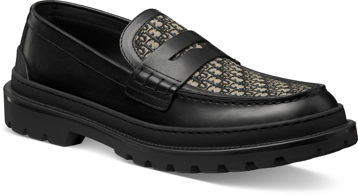 Dior Explorer Loafer Black Smooth Calfskin and Beige and Black Dior Oblique  Jacquard | DIOR