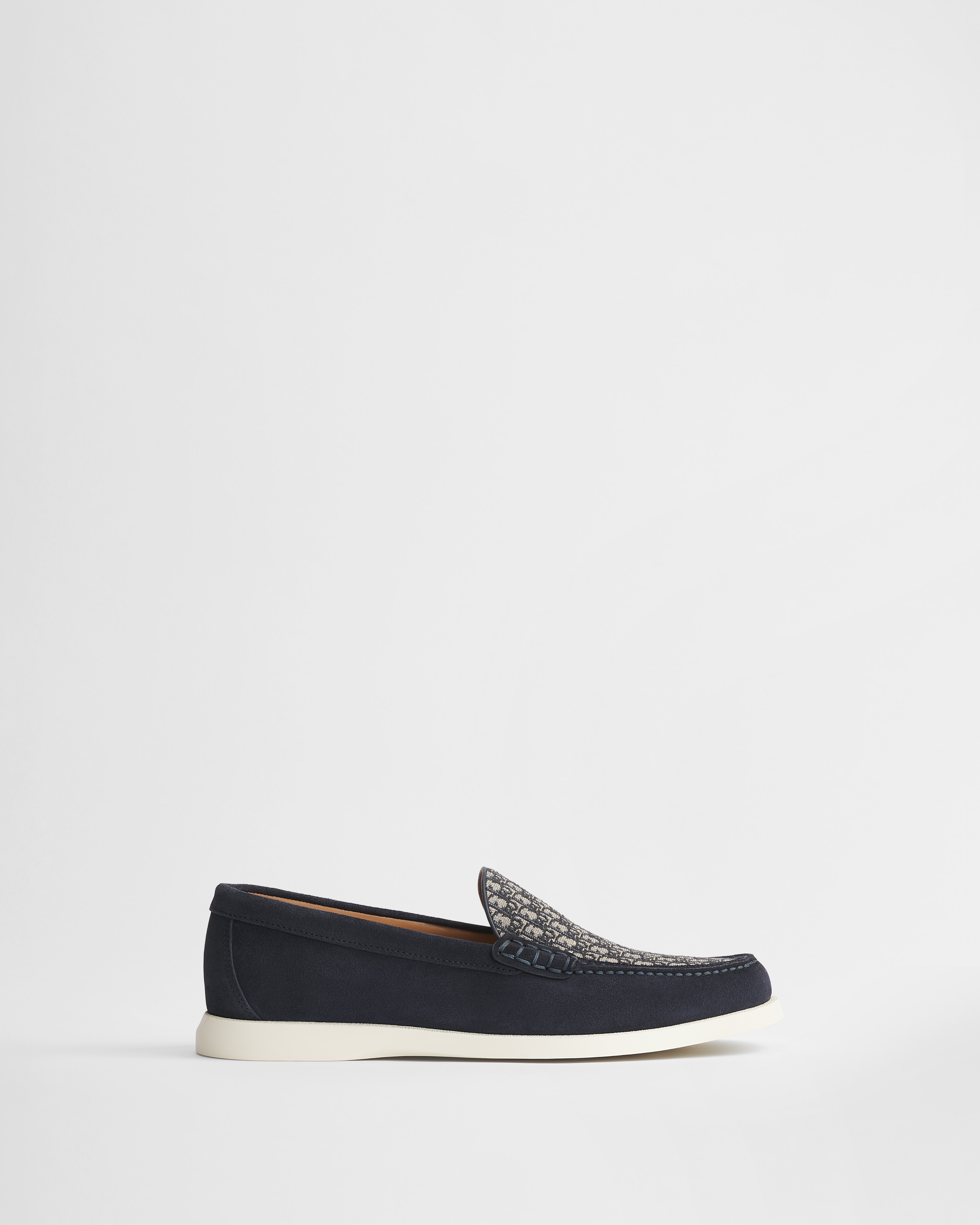 Dior Granville Loafer Navy Blue Suede Calfskin with Beige and Black Dior Oblique Jacquard E02