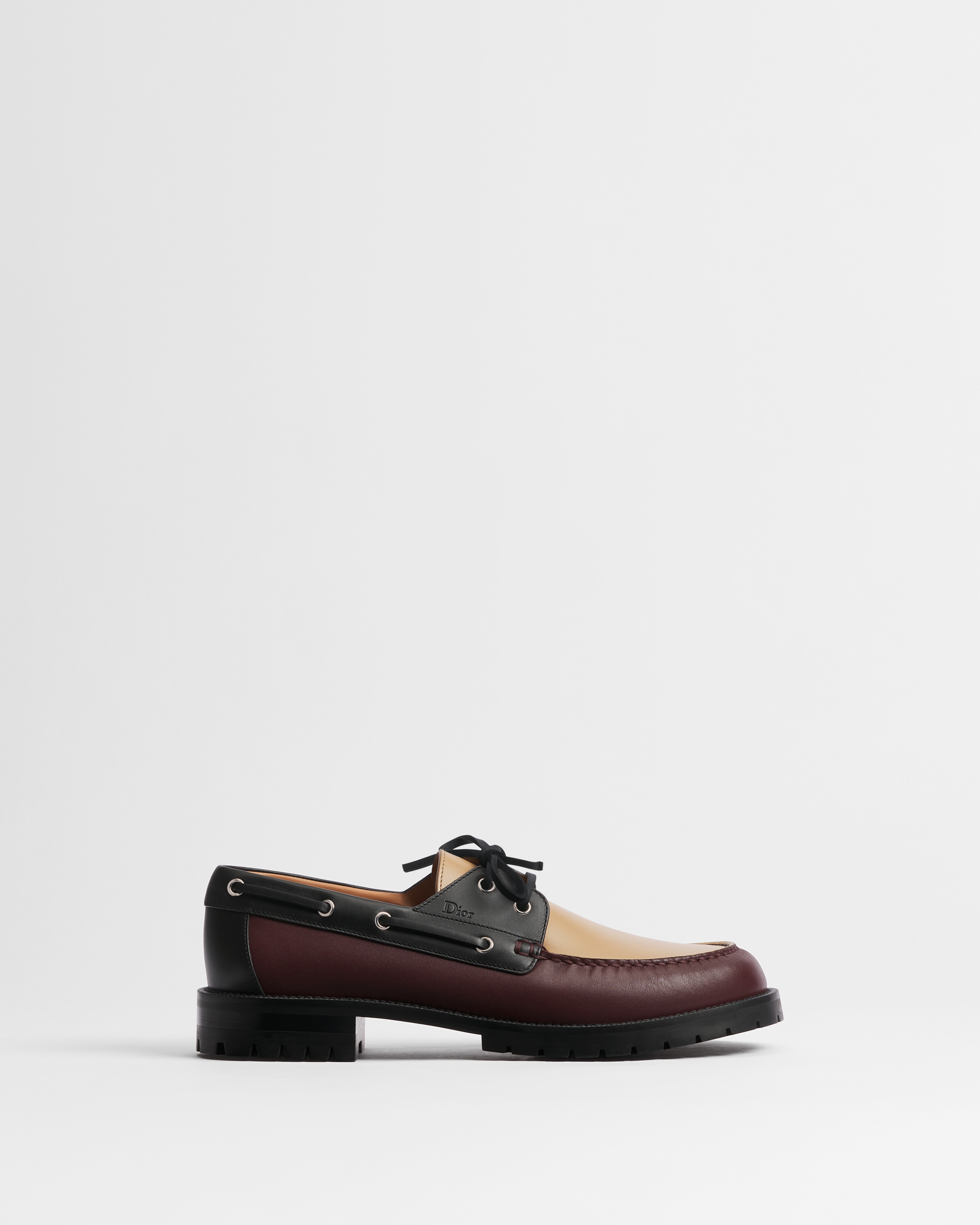 Dior Archie Lug Boat Shoe Burgundy, Beige and Black Smooth Calfskin E02