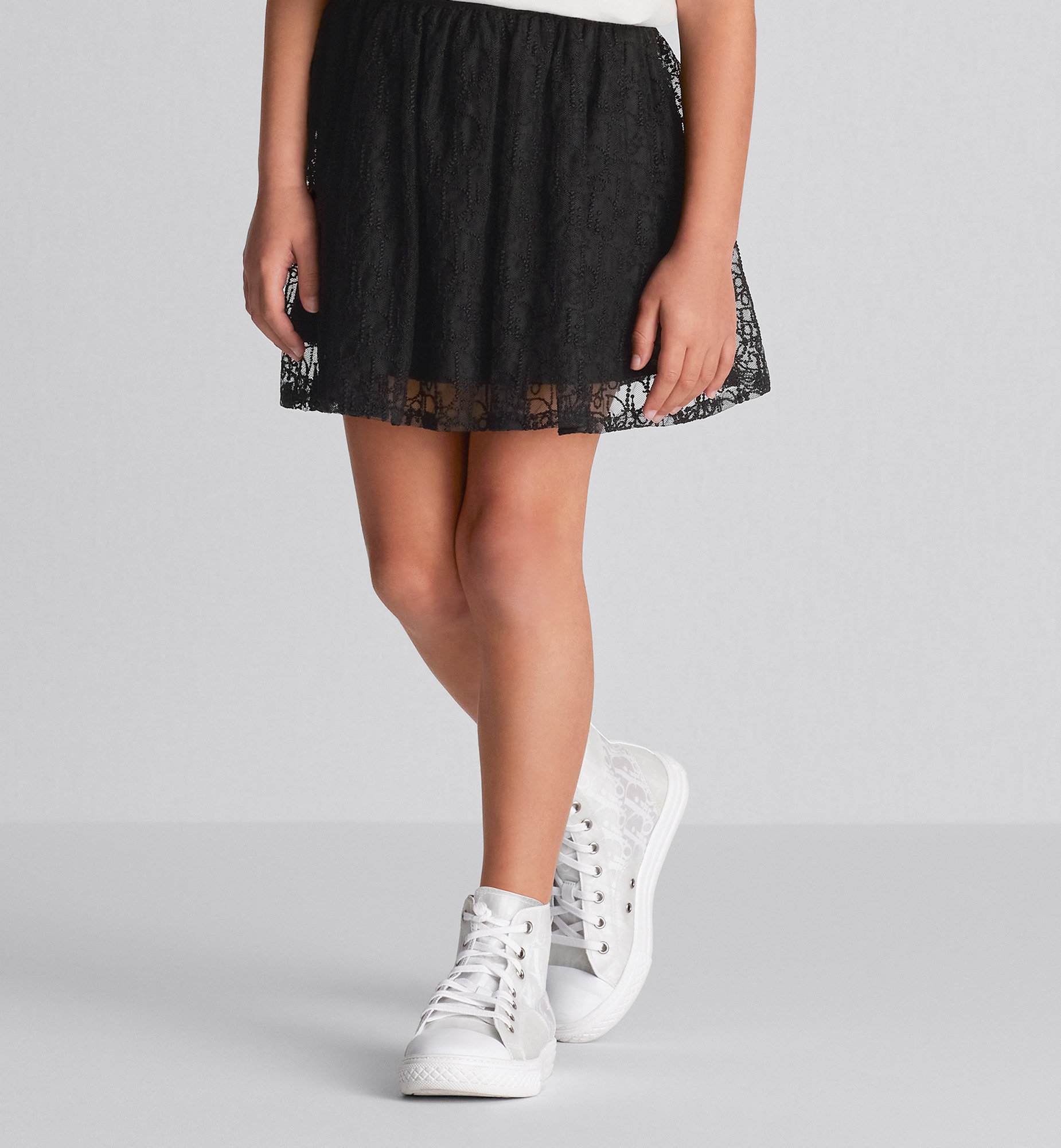 Kids' Flared Skirt Black Embroidered Tulle with Dior Oblique Pearl Motif E14