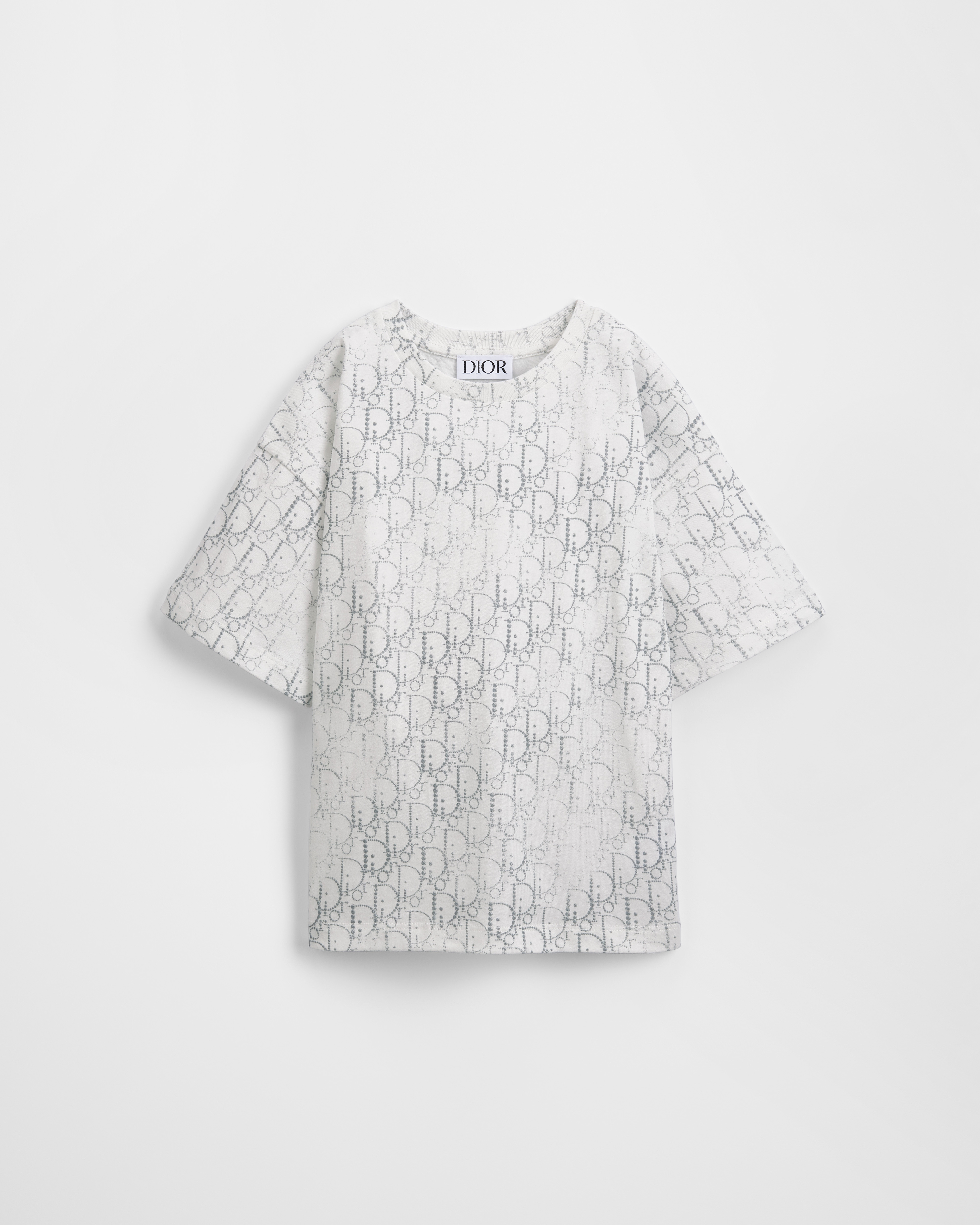 T-Shirt für Kinder Baumwolljersey in Elfenbein mit Dior Oblique Pearl Motiv in Silberfarbe E01