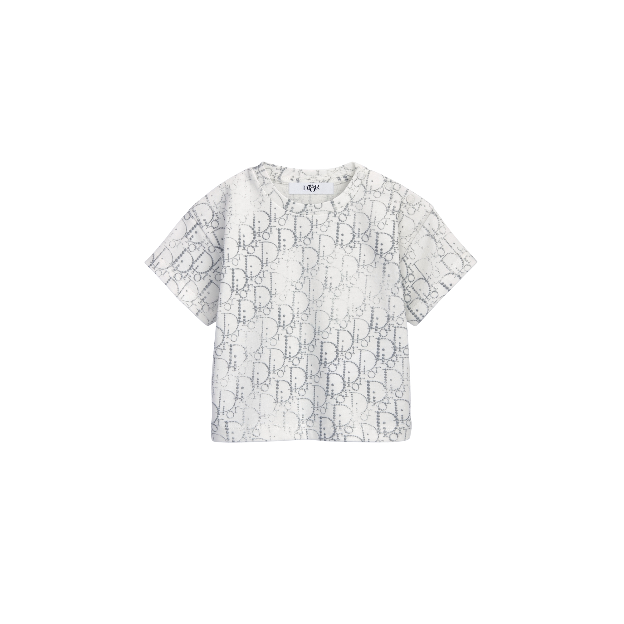Baby T-Shirt Ivory Cotton Jersey with Silver-Tone Dior Oblique Pearl Motif E01