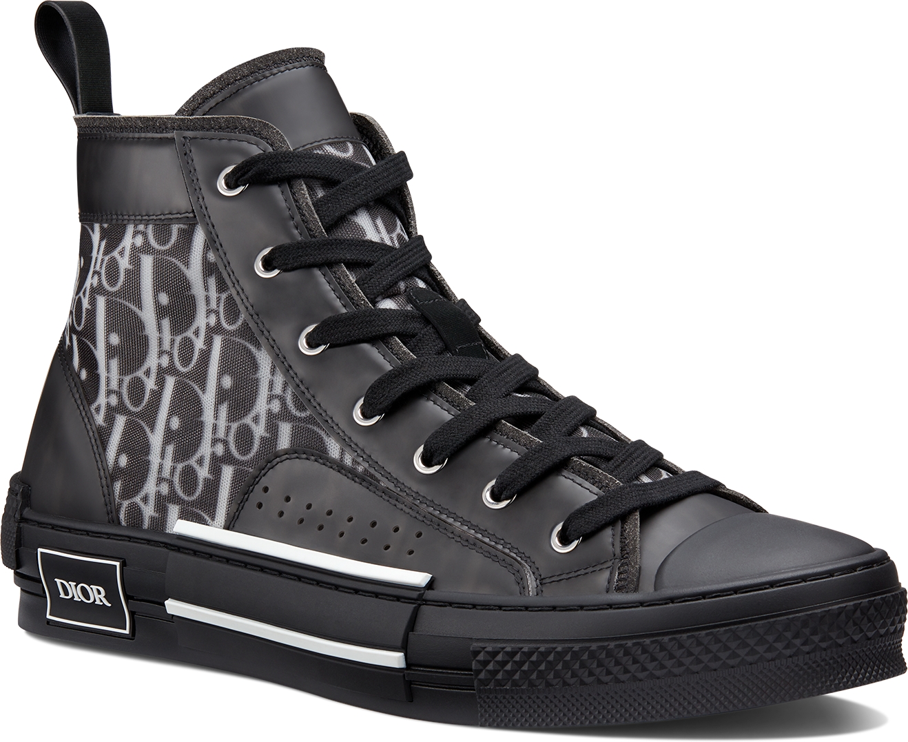 B23 High Top Sneaker Black and White Dior Oblique Canvas with Black Calfskin DIOR