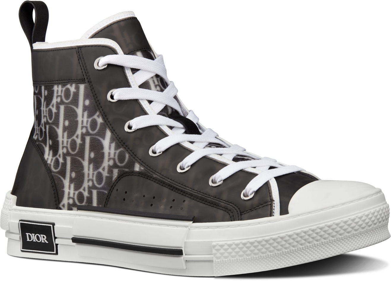 B23 High Top Sneaker Black and White Dior Oblique Canvas with Black Calfskin DIOR