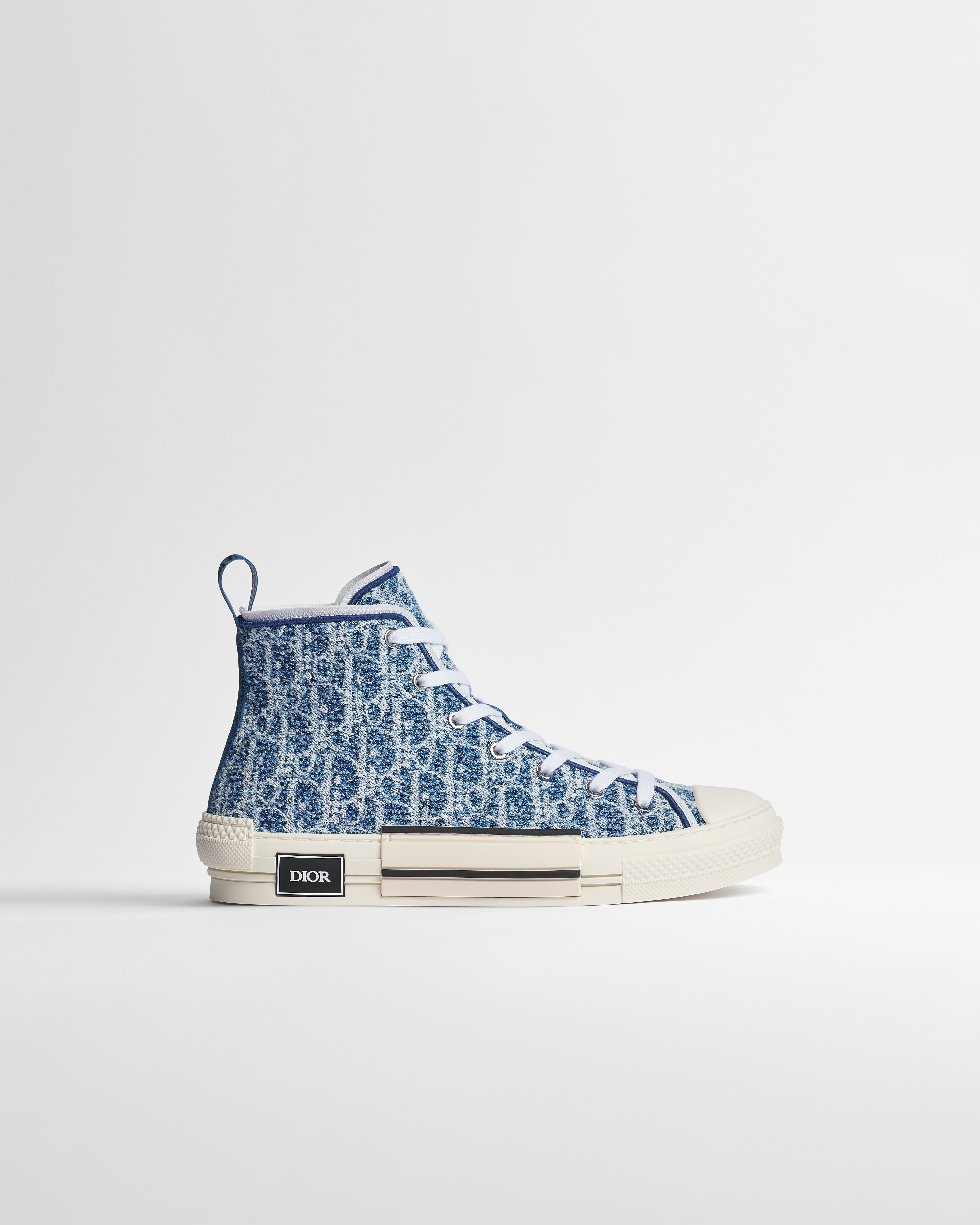 Sneaker alta B23 League Dioriviera Denim spugnoso Dior Oblique blu e bianco E02